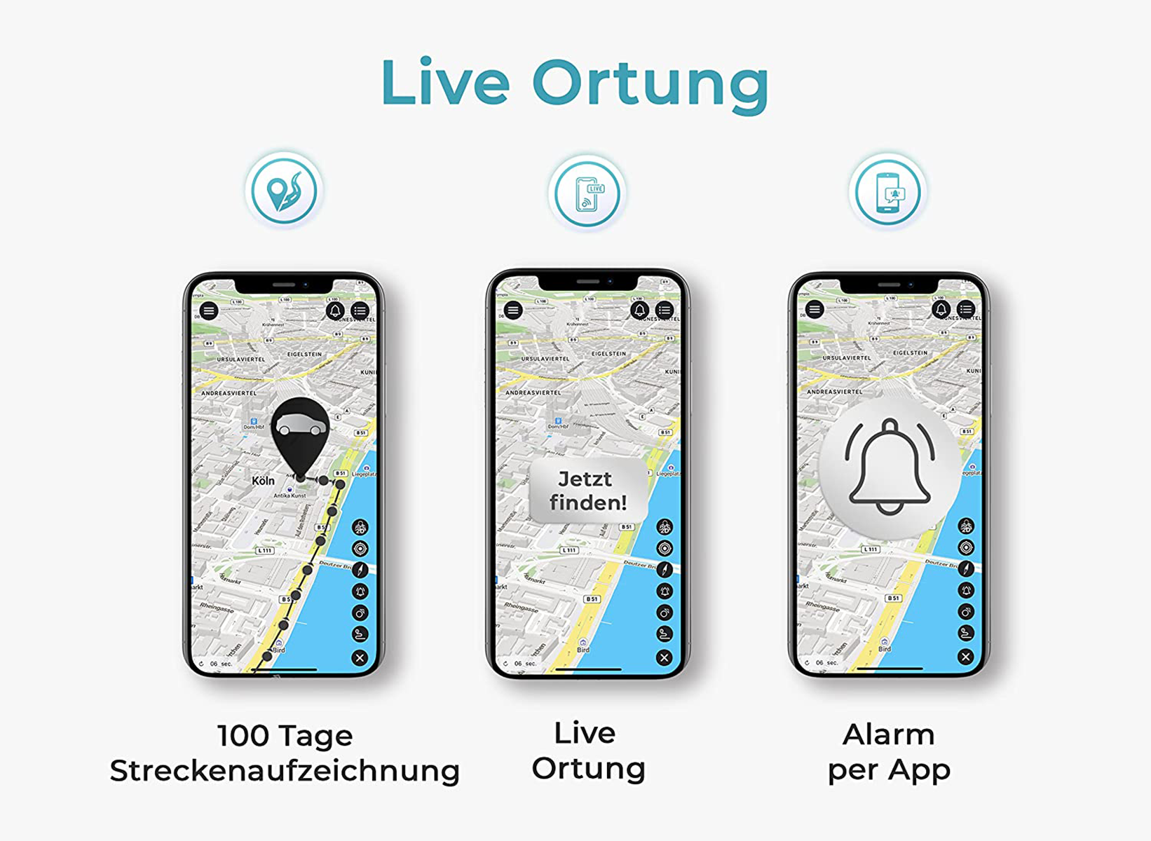 Drei Smartphones zeigen Tracking-App-Oberflächen mit Kartenansichten und Benachrichtigungen.