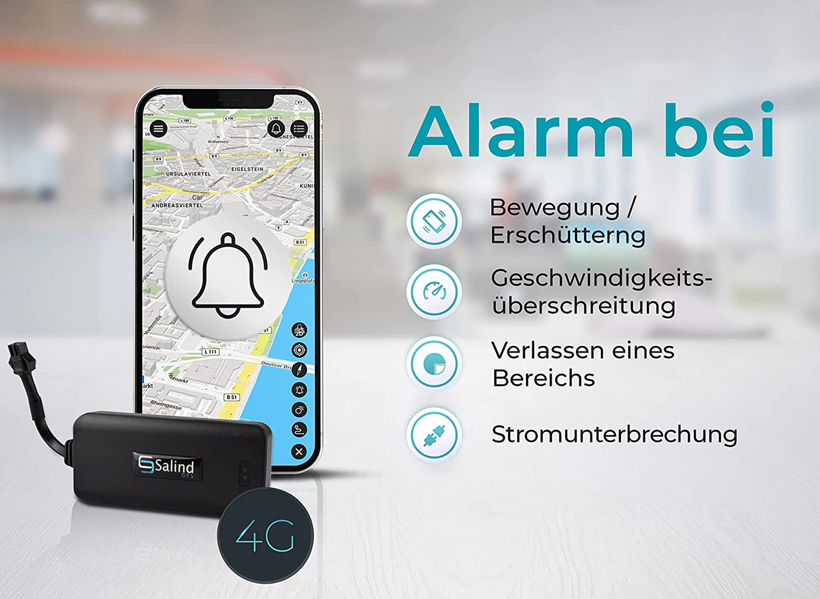 Smartphone mit Alarm-UI, neben GPS-Tracker mit 4G-Label und Icons für Alarmauslöser.
