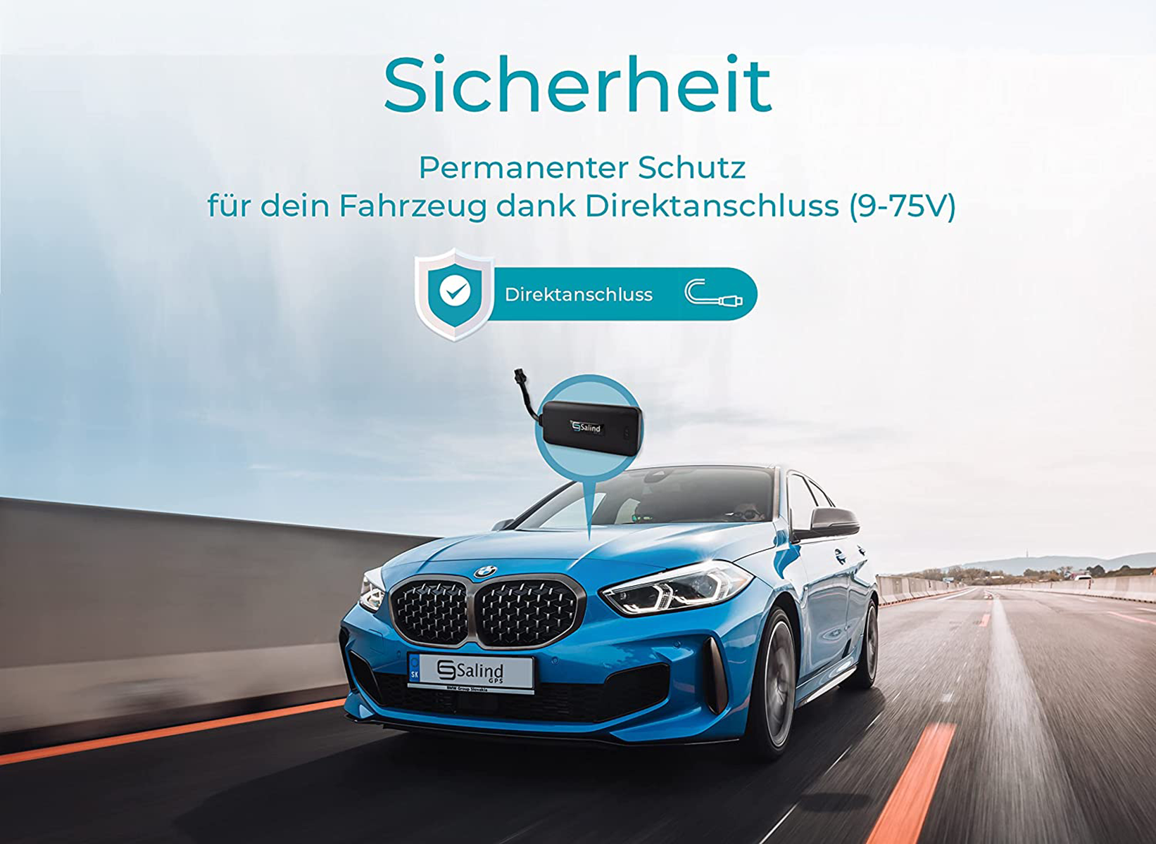 Blaues Auto fährt auf der Autobahn, mit einer Produktgrafik, die ein Auto und ein Ladegerät zeigt.