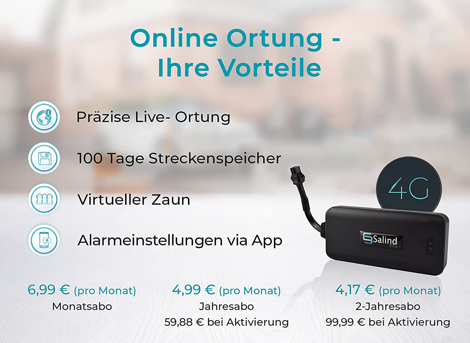 Informationstafel mit Text über Online-Ortung, einschließlich Preisoptionen für Abonnements.
