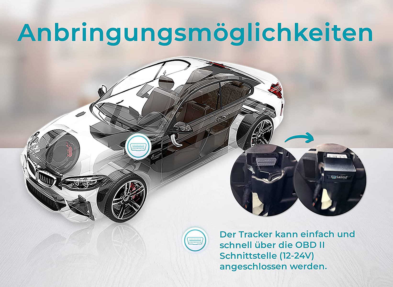 Auto mit Overlay, zeigt OBD II Anschlussdetails.