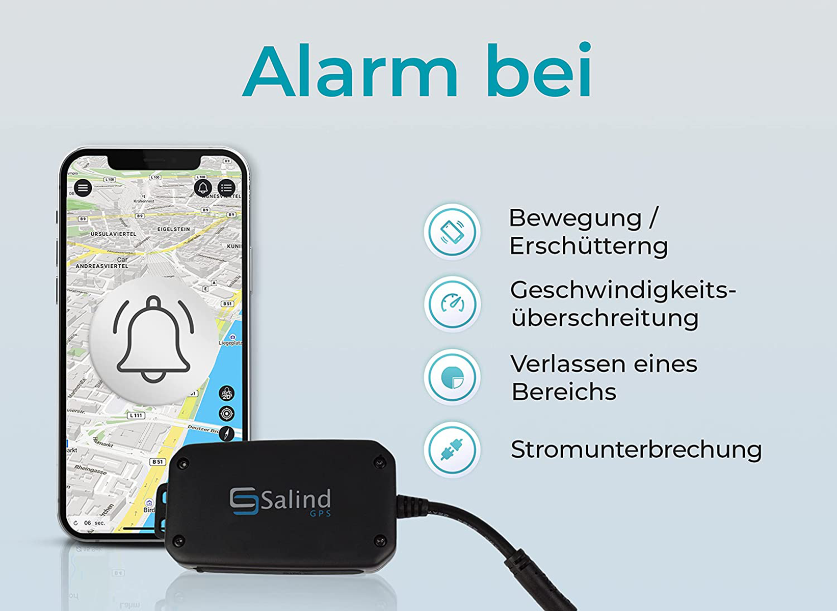 Uno smartphone con mappa e icona campanello allarme, accanto a un localizzatore GPS nero. Il testo evidenzia le funzioni di allarme.