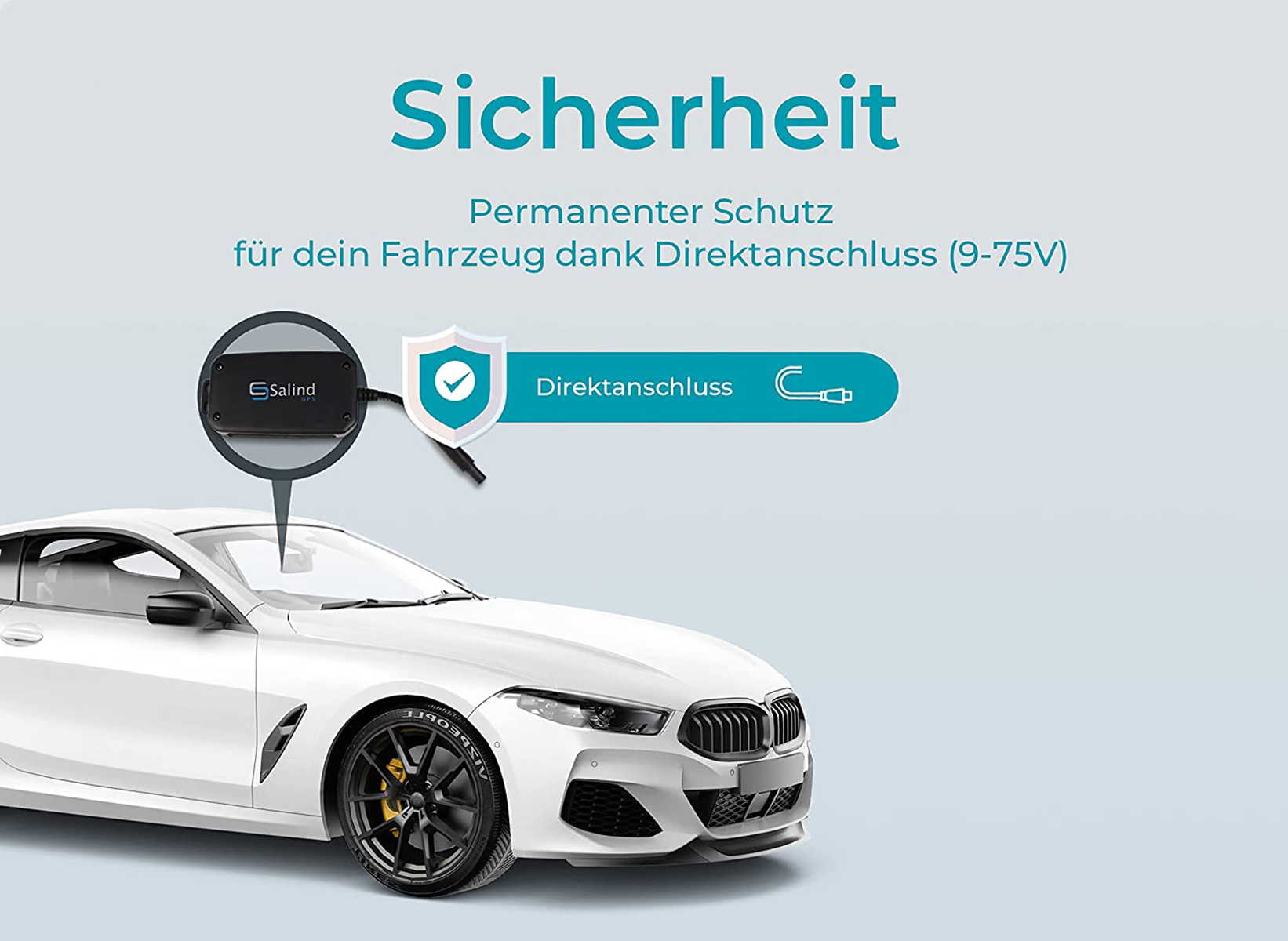 Auto bianco con dispositivo nero e sovrapposizione di testo. Il testo recita 'Sicherheit' e 'Direktanschluss'.