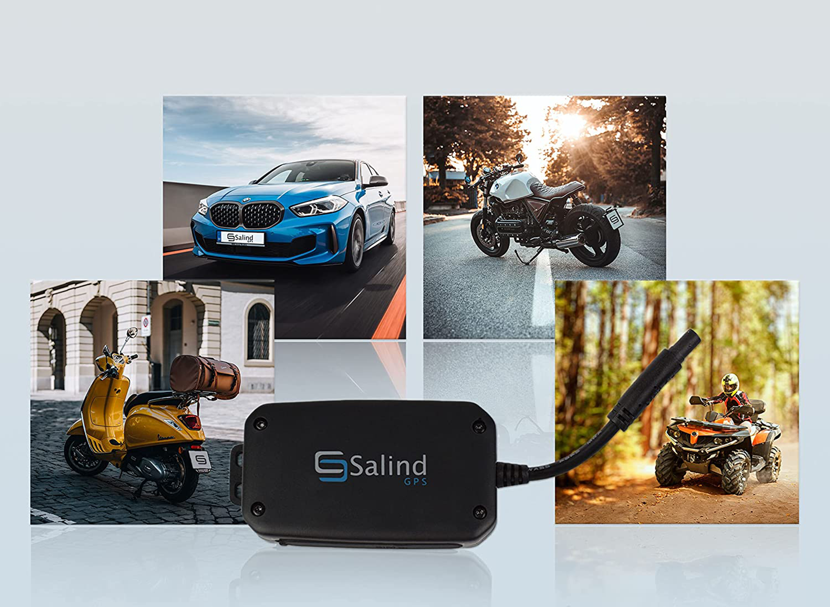 L'immagine mostra un'auto blu, una moto, uno scooter, un ATV e un dispositivo GPS. Tutti rappresentano servizi di tracciamento o localizzazione.