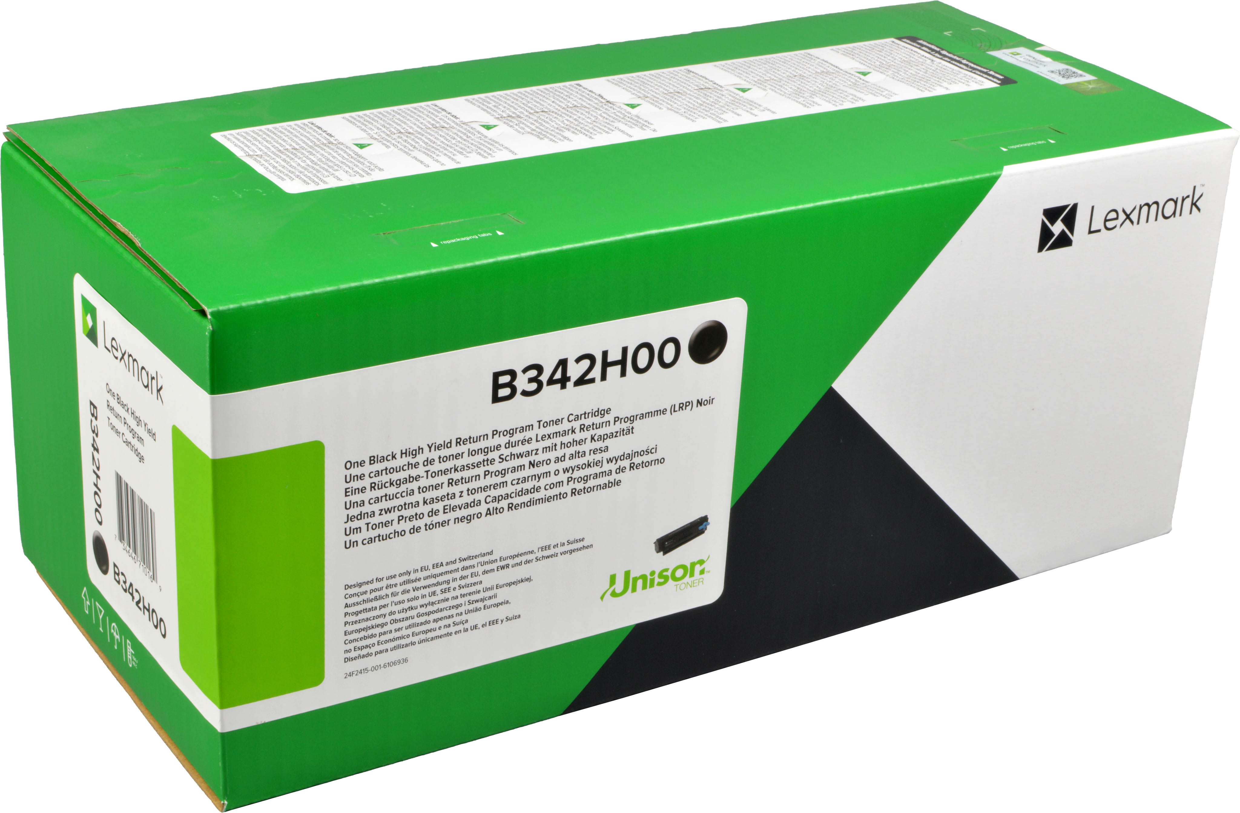 Grüne und schwarze Lexmark-Tonerkartuschenbox. Enthält eine schwarze Tonerkartusche. Die Box hat Text.