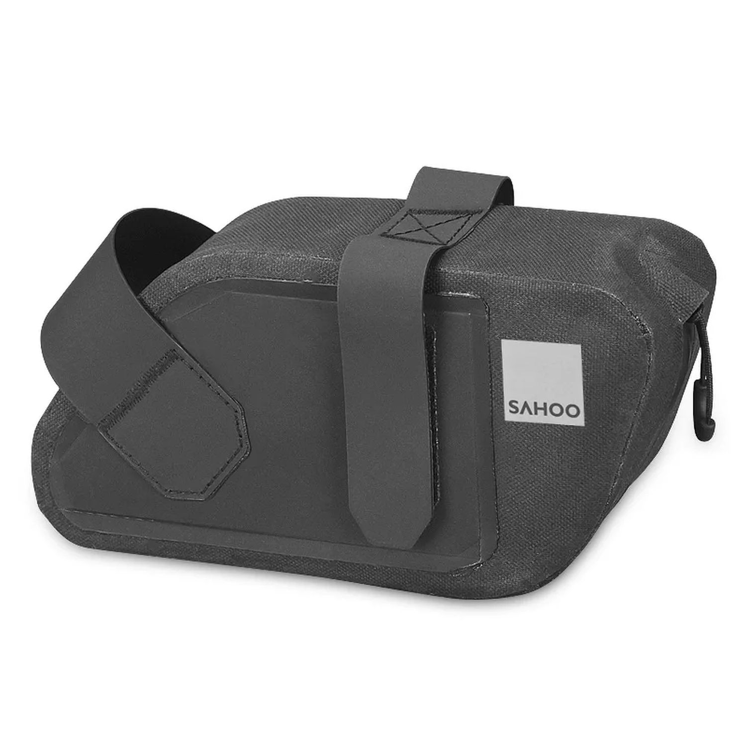 Schwarze, kompakte Fahrrad-Satteltasche mit Riemen und dem Wort SAHOO darauf.