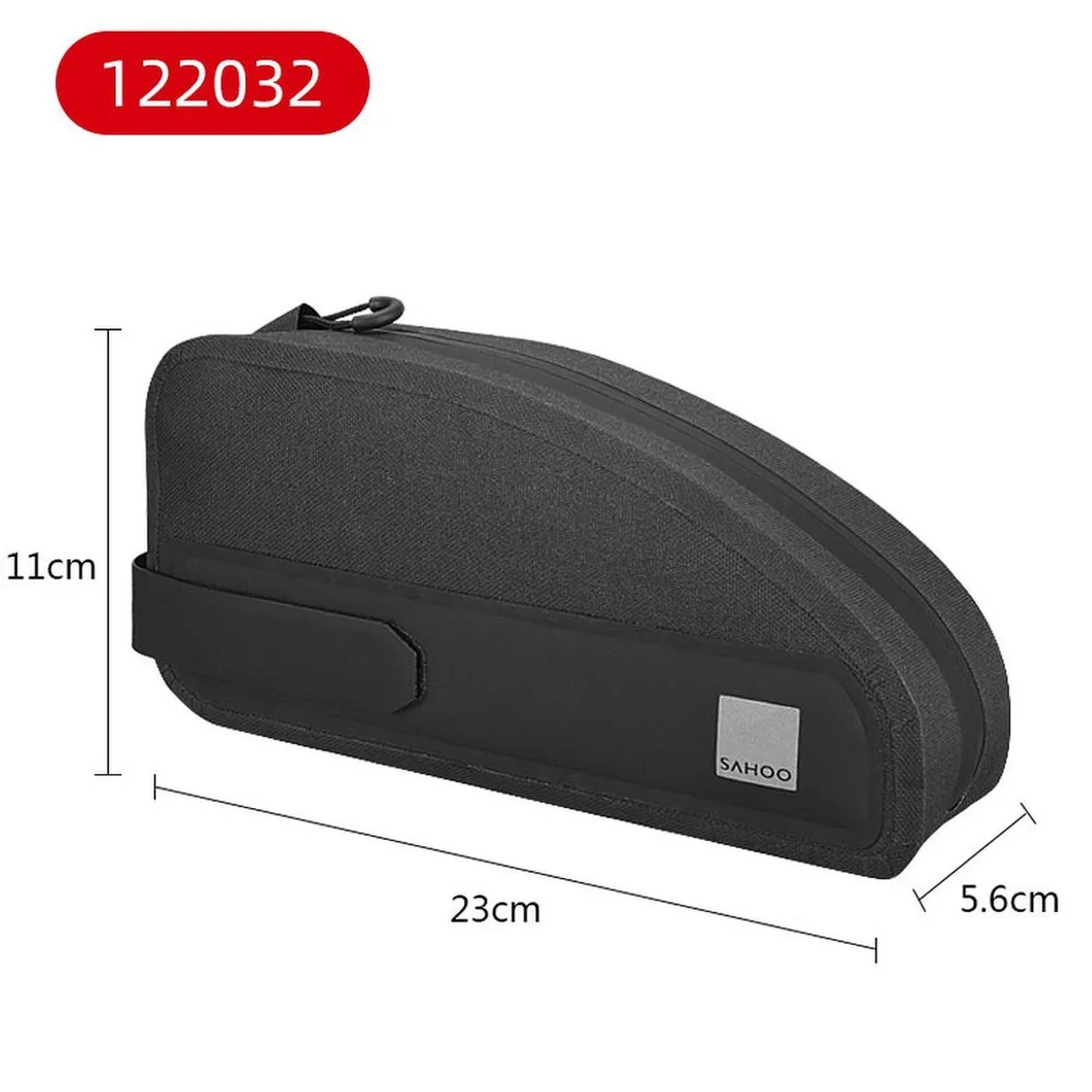 Graue Fahrradtasche mit Abmessungen und Text auf weißem Hintergrund.