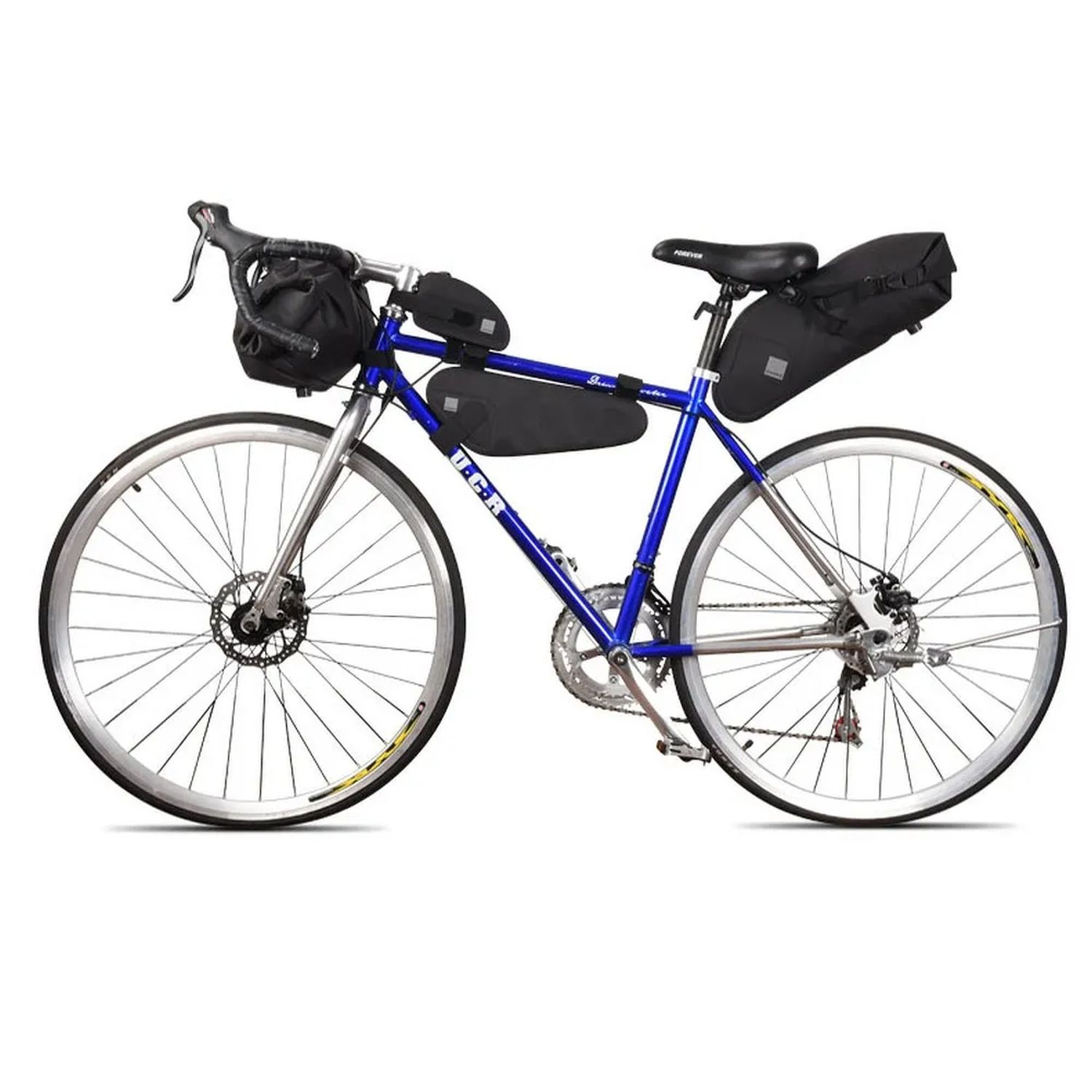 Blaues Fahrrad mit schwarzen Taschen, für Touren eingerichtet. Silberne Räder und Reifen.