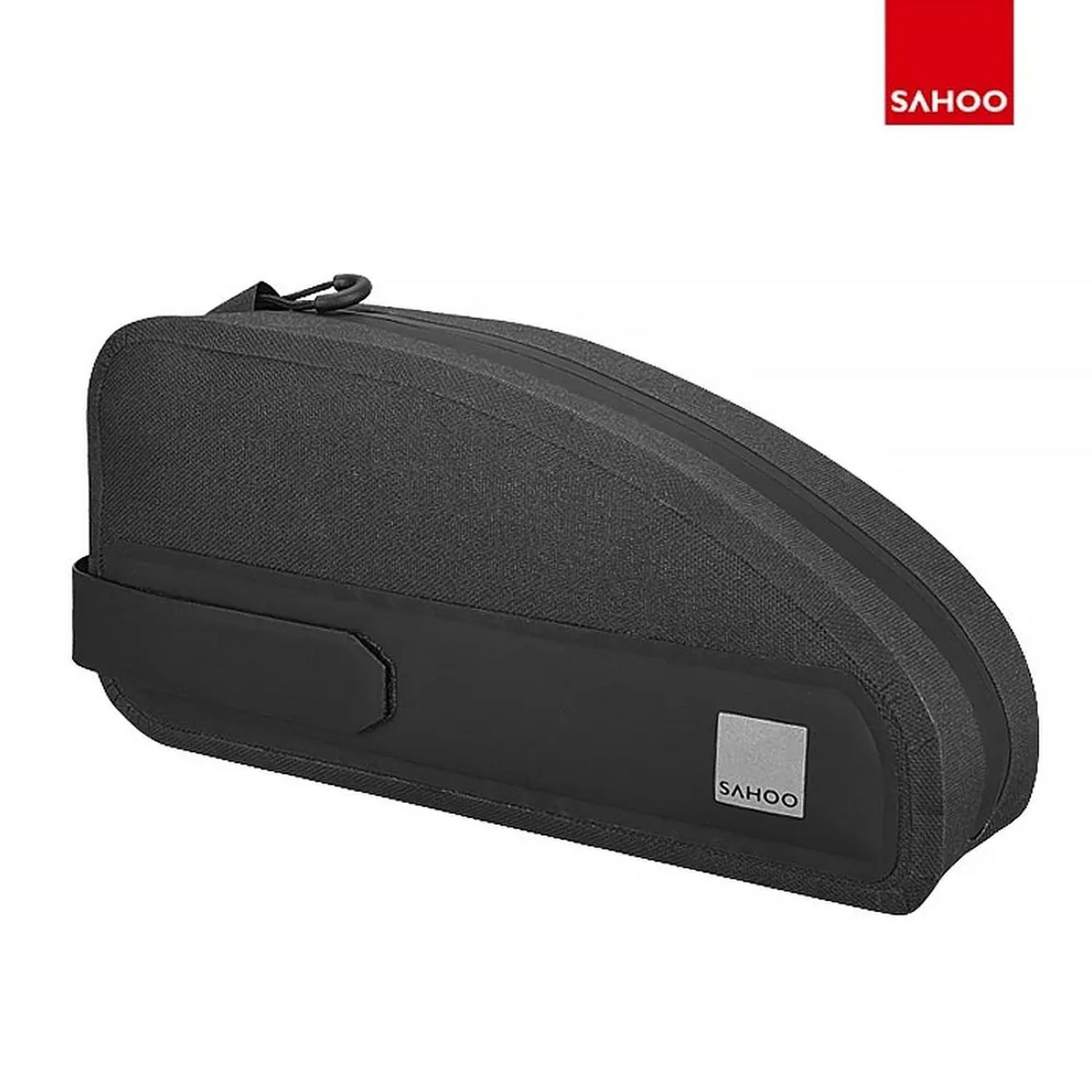 Eine schwarze Fahrradtasche mit geschwungenem Design und dem SAHOO-Logo prominent angezeigt.