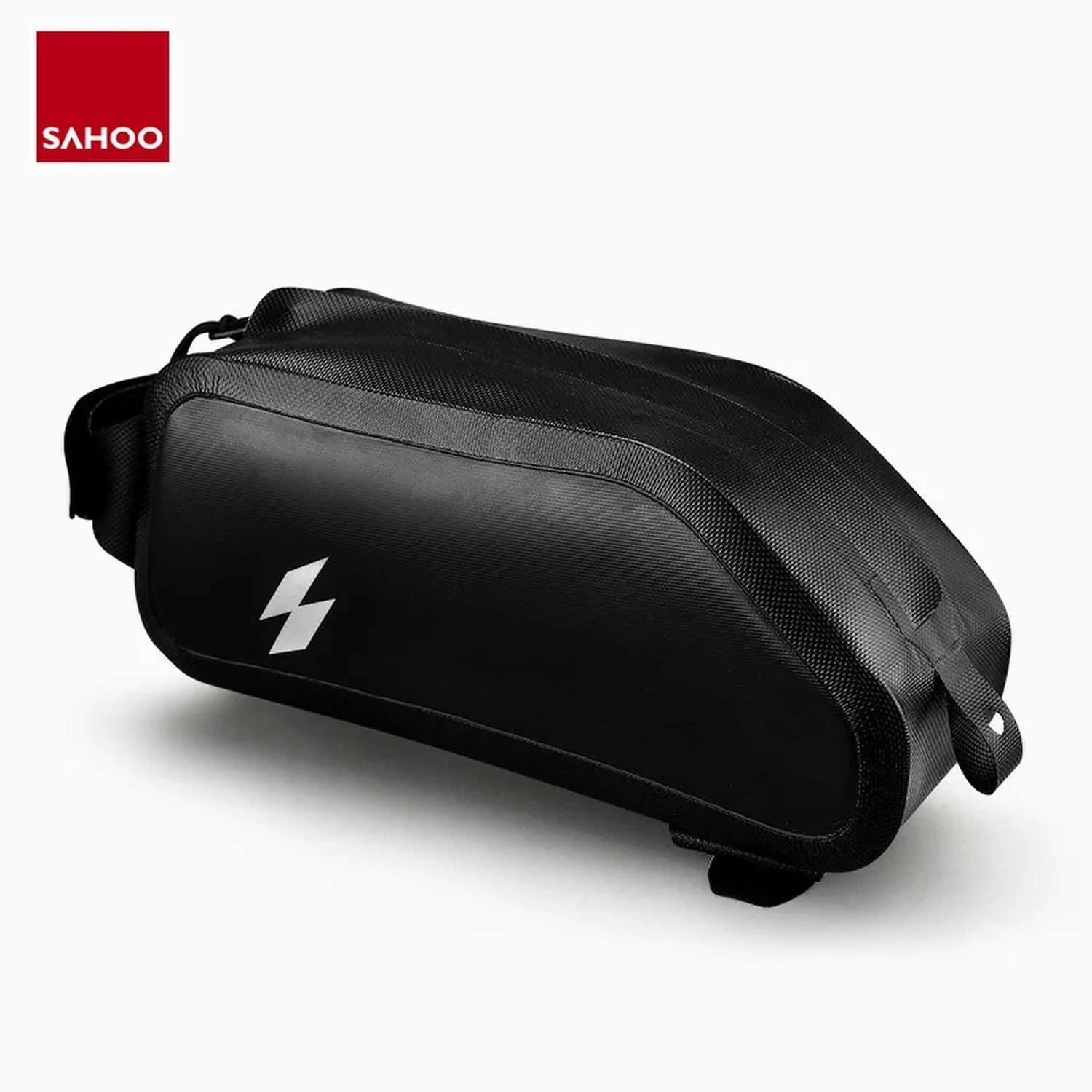 Schwarze Fahrradtasche mit weißem Logo, vor neutralem Hintergrund, zeigt ihr Design und ihre Marke.