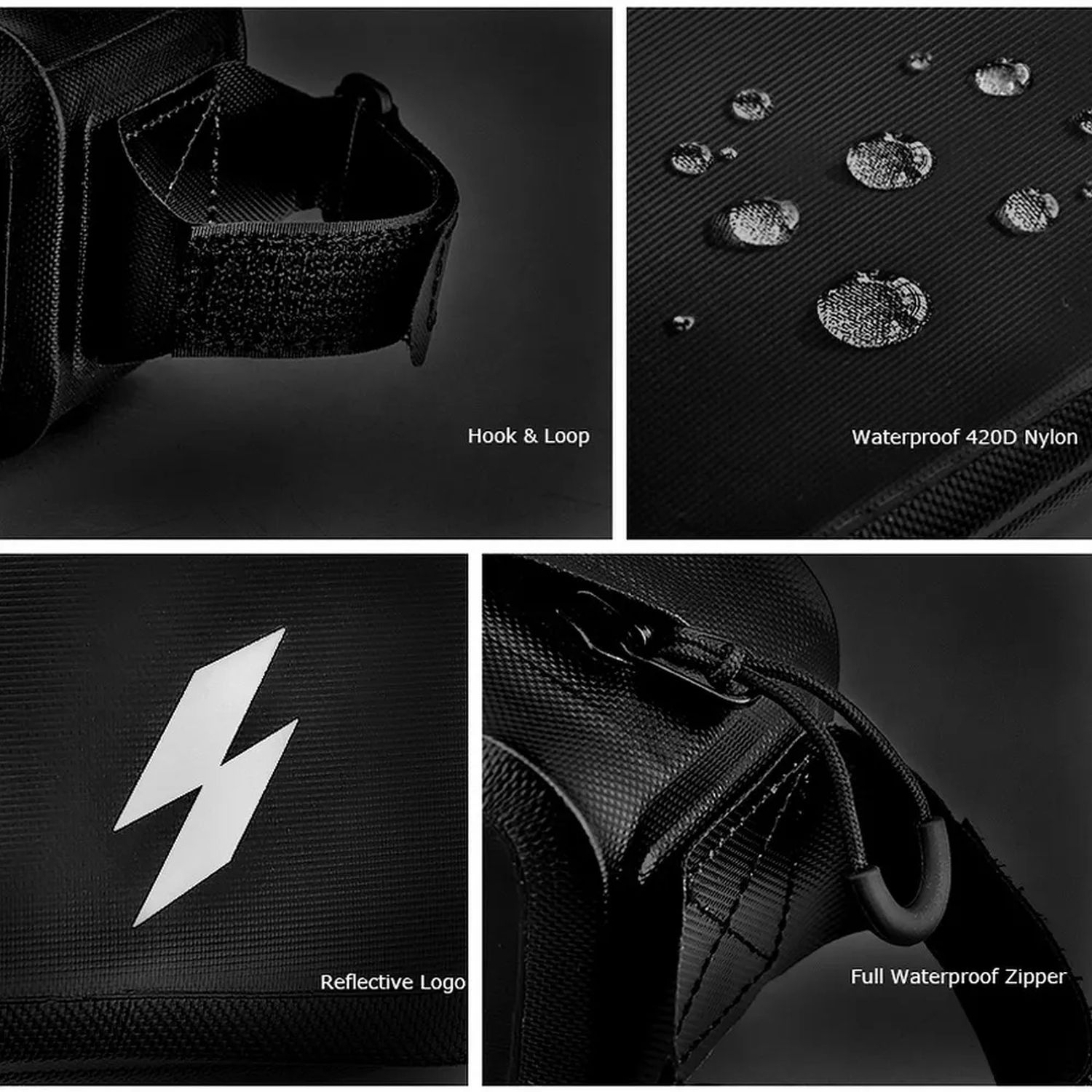 Nahaufnahmedetails einer schwarzen Fahrradtasche. Zu den Merkmalen gehören Klettverschluss, wasserdichter Reißverschluss und reflektierendes Logo.