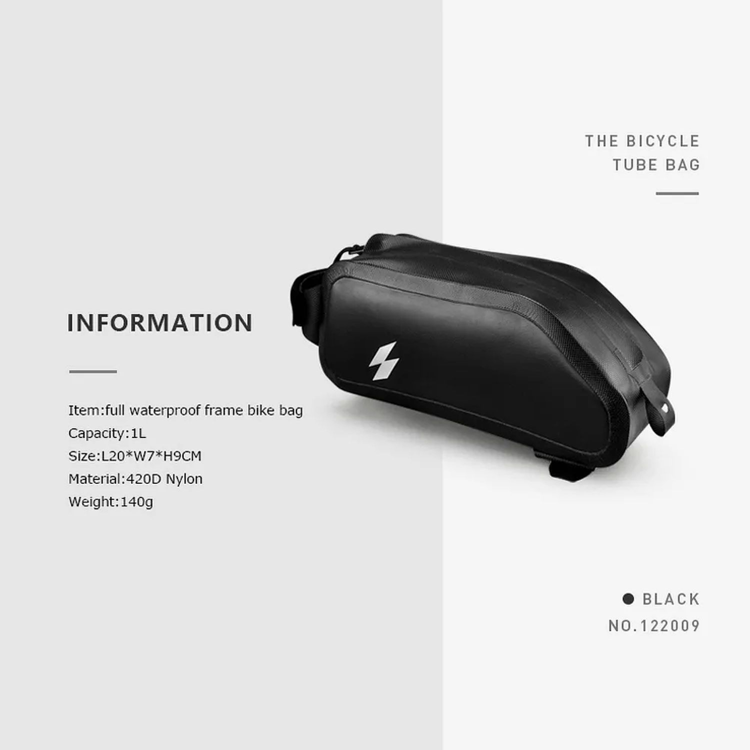 Eine schwarze Fahrradrahmen-Tasche mit Text, Informationen und Abmessungen. Die Tasche befindet sich auf weißem Hintergrund.