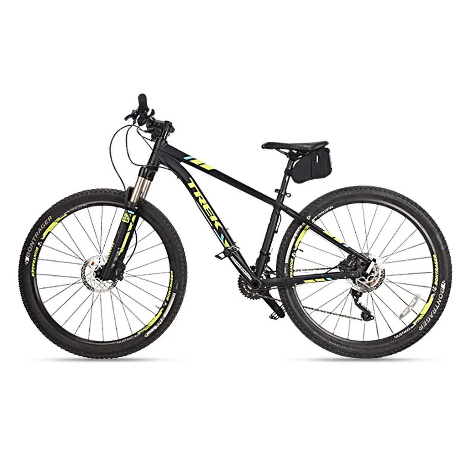 Schwarzes Trek Mountainbike, Seitenansicht. Schwarzer Rahmen, gelbe und weiße Akzente. Weißer Hintergrund.