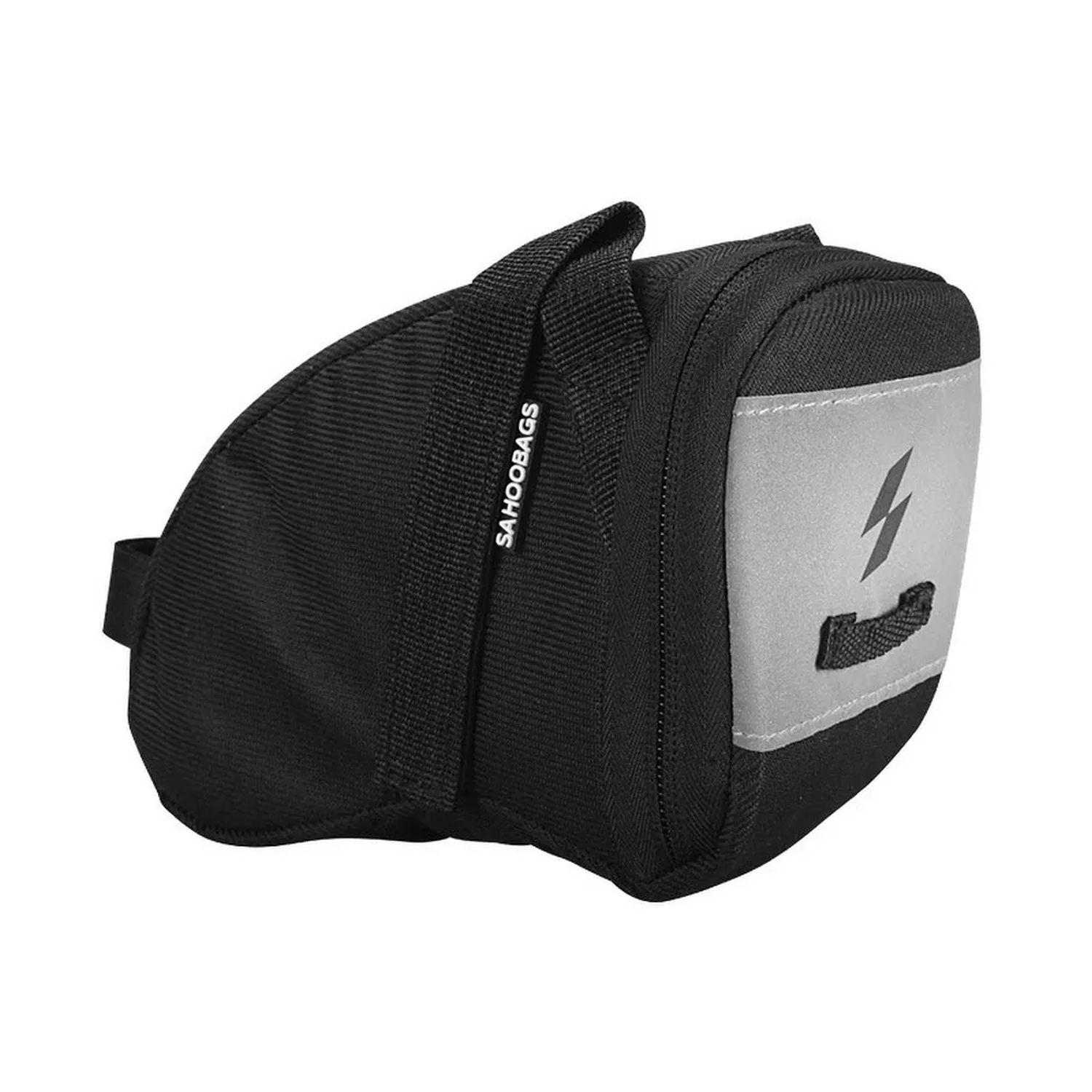 Schwarze Fahrradsatteltasche mit reflektierendem Panel und dem Wort 'SAHOOBAGS' am Gurt.