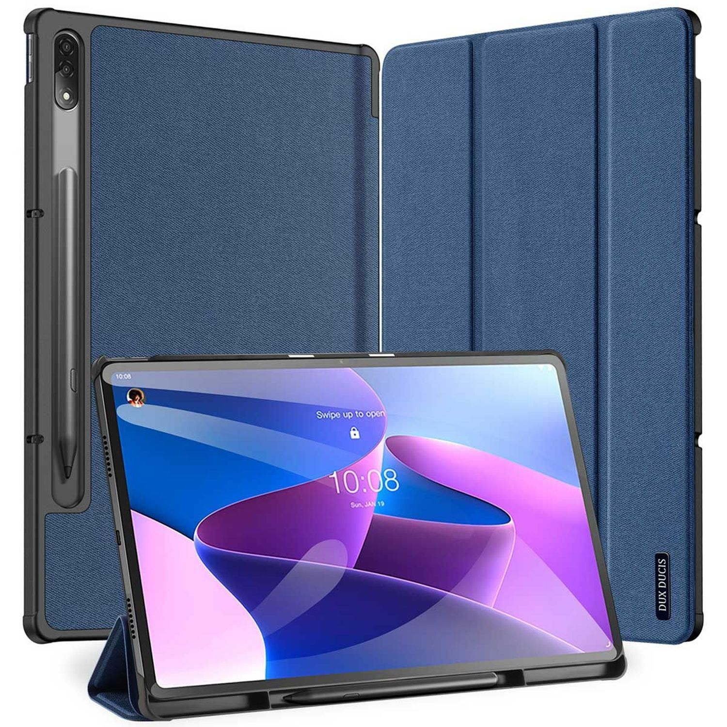 Blaues Tablet mit blauer Hülle und Stift, auf weißem Hintergrund.