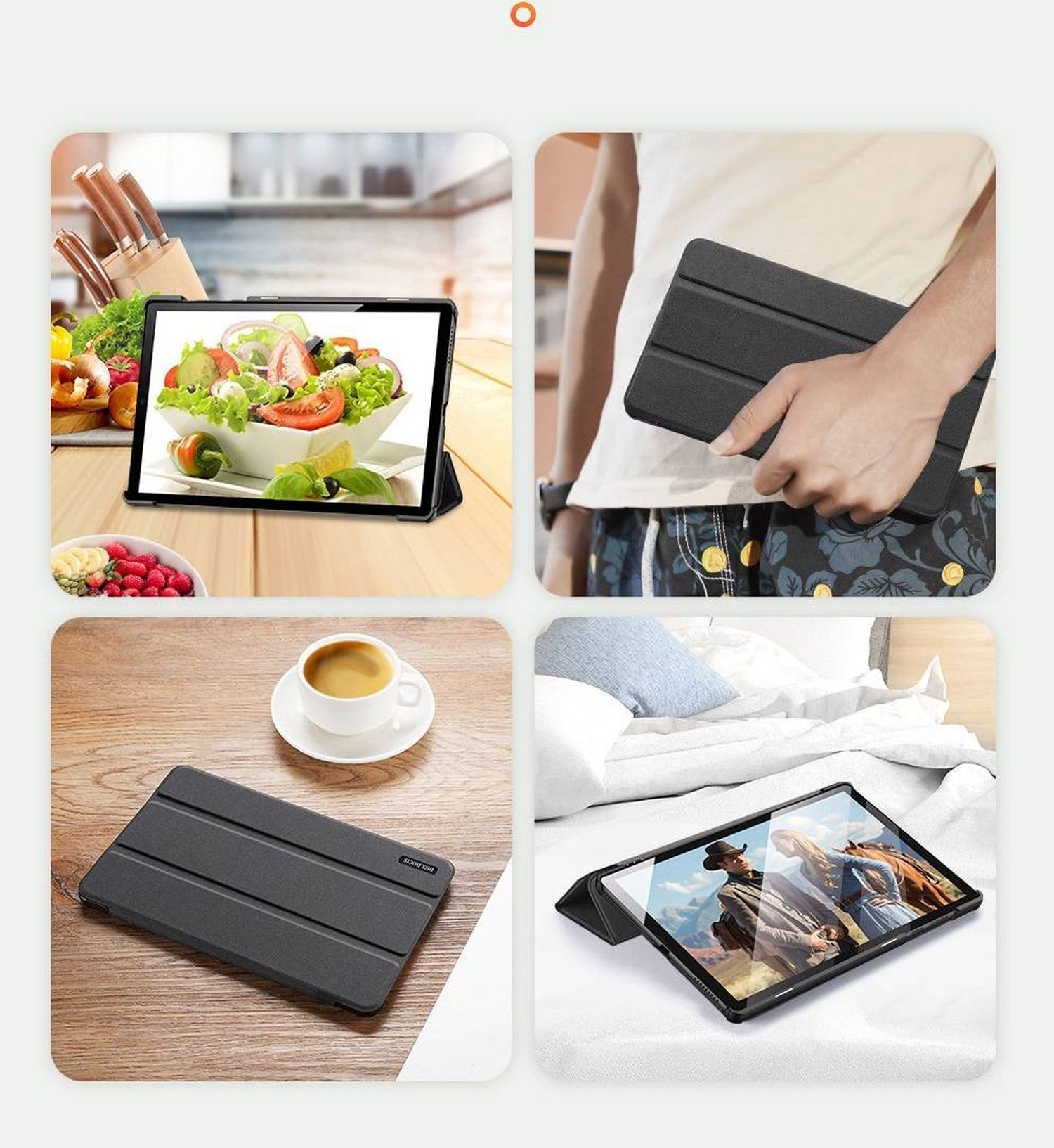 Vier Bilder eines Tablets in verschiedenen Kontexten: auf einem Tisch, von einer Person gehalten und auf einem Bett.