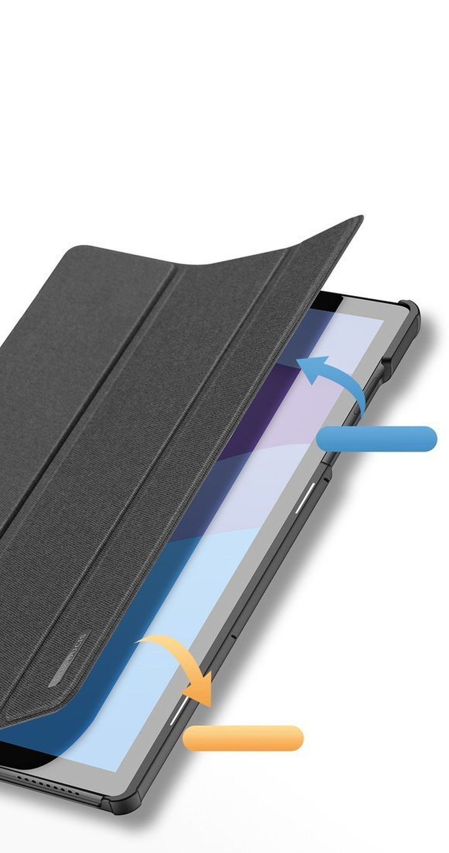 Ein schwarzes Tablet in einer schwarzen Hülle. Pfeile zeigen das Öffnen der Hülle. Blaue und orange Farben sind vorhanden.