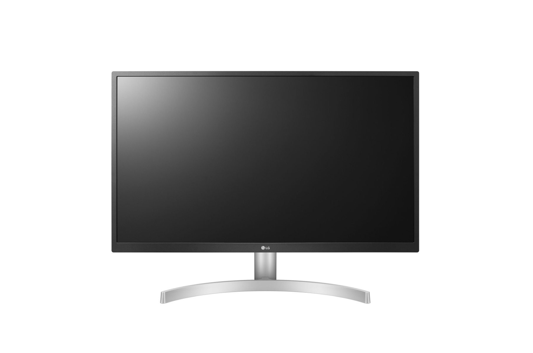 Un monitor LG negro plano con un soporte plateado delgado, que muestra una pantalla negra en blanco.