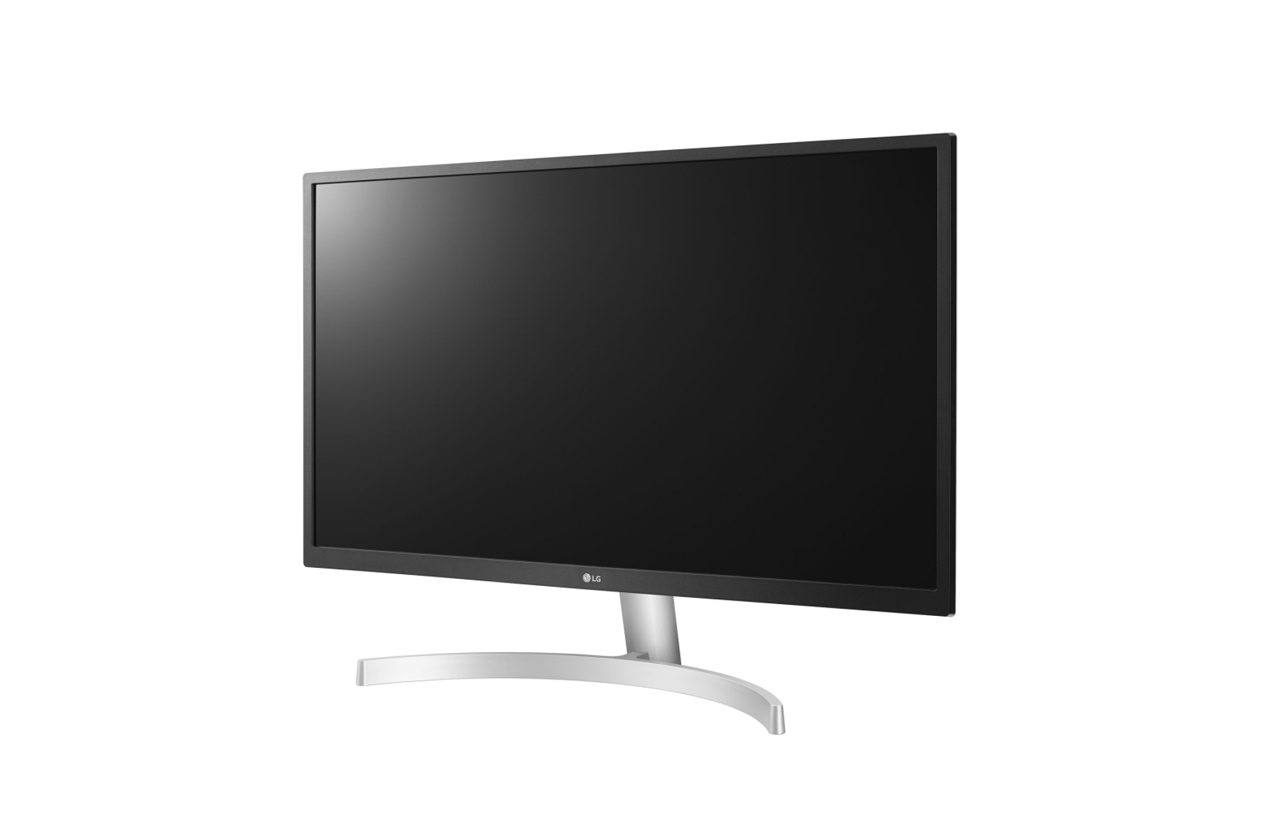 Un monitor de computadora con pantalla negra y base plateada curvada.