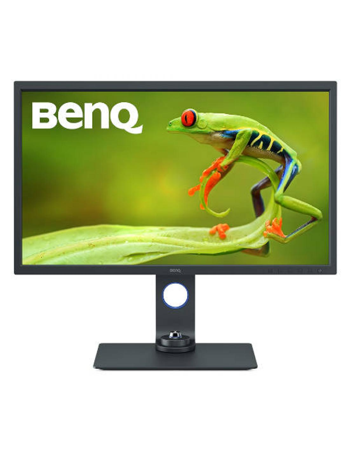 Monitor BenQ z zieloną żabą. Zielone tło i logo BenQ.