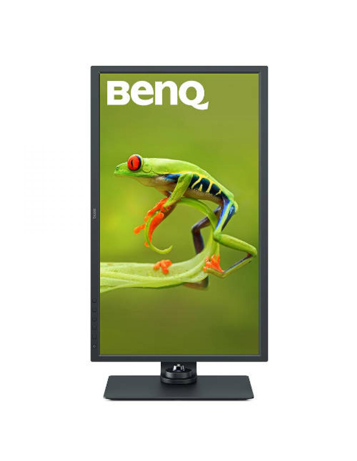 Monitor z logo BenQ. Zielona żaba na liściu.