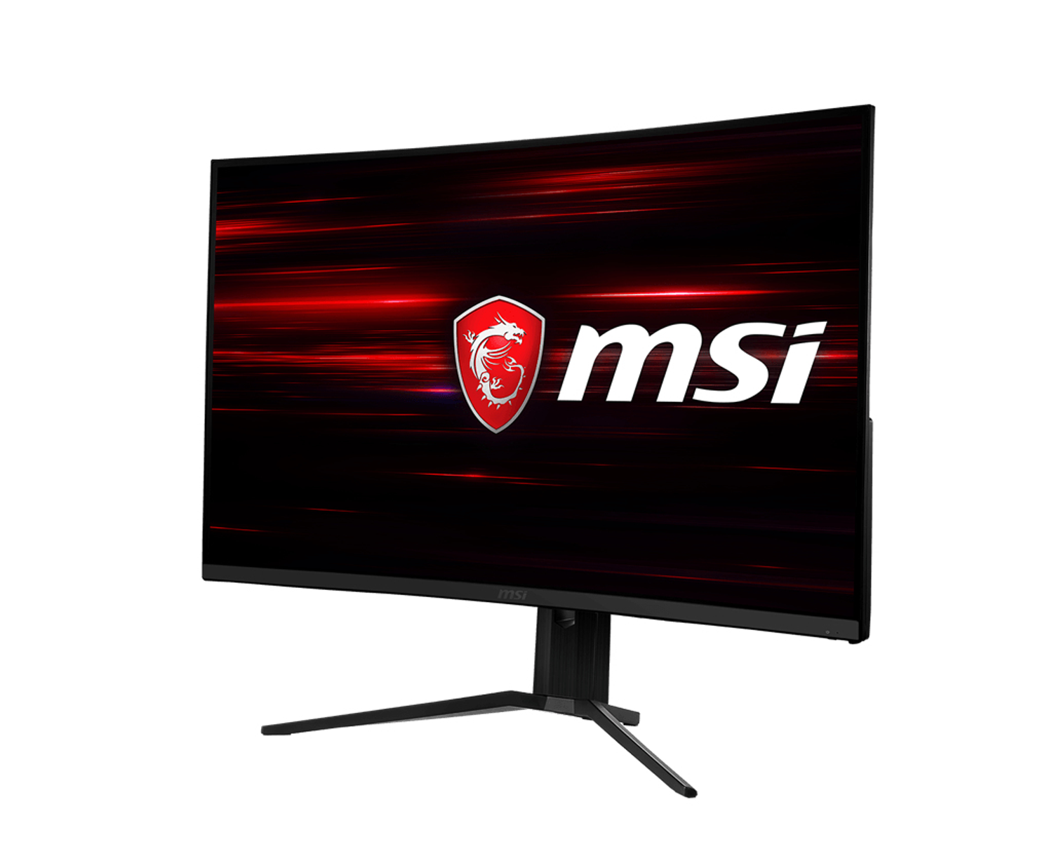 Monitor curvo MSI gaming con logo del drago rosso su schermo nero, su sfondo bianco.