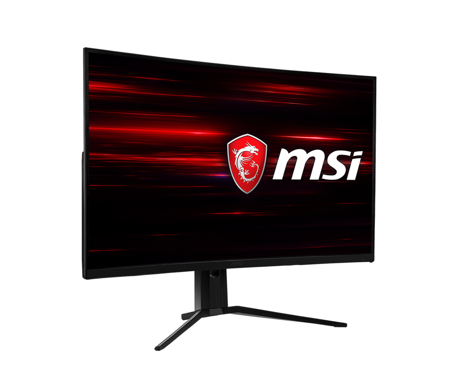 Monitor per computer curvo con grafica rossa e nera e logo MSI.