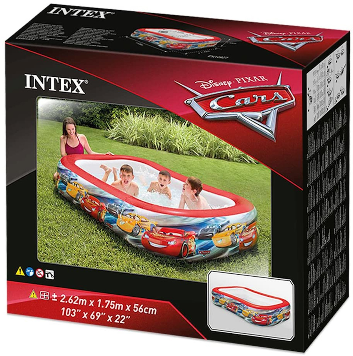 Aufblasbarer Pool mit Cars-Figuren und spielenden Kindern. Box zeigt Pool und Figuren.