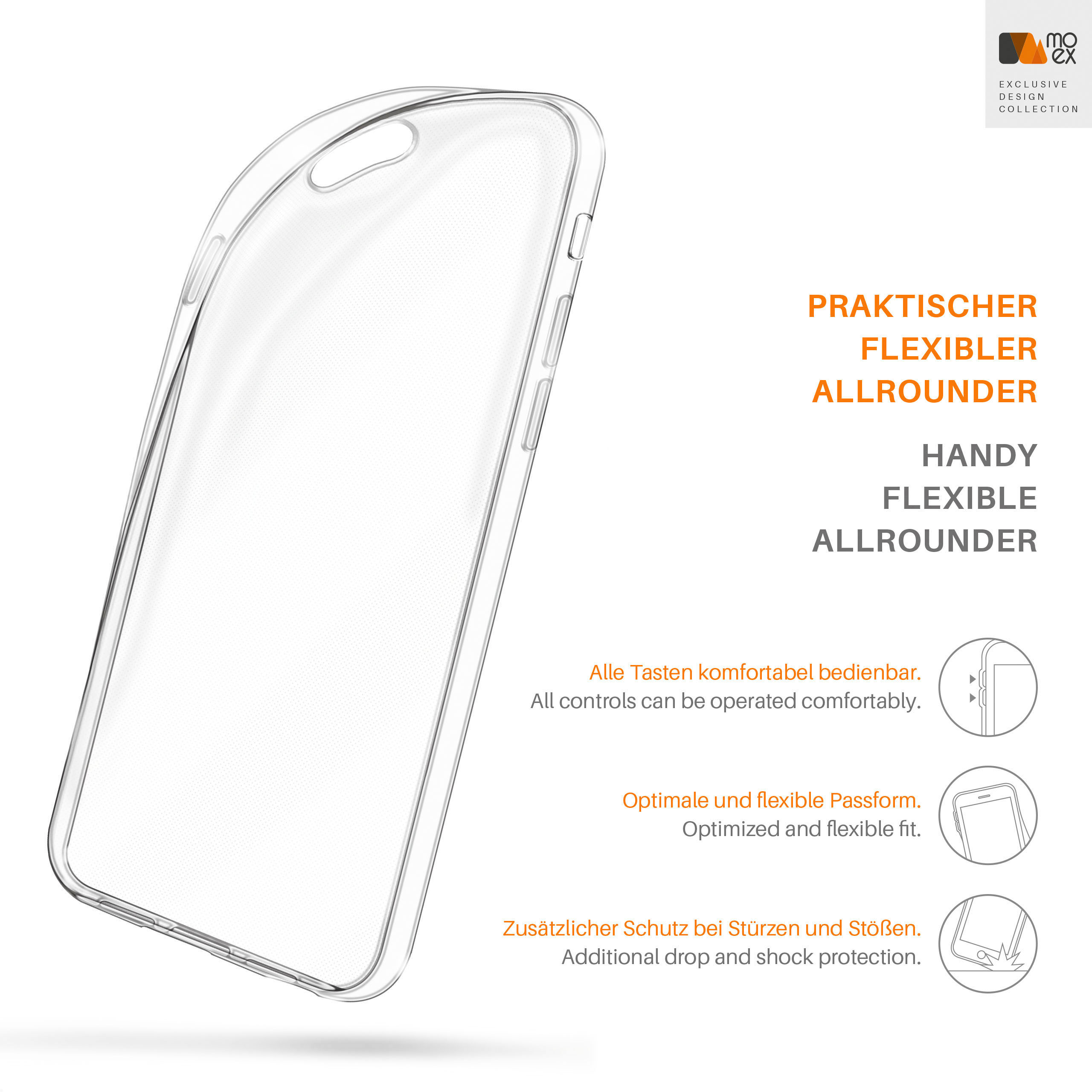 Transparente Handyhülle mit Text: flexibel, Allrounder und komfortable Bedienelemente.