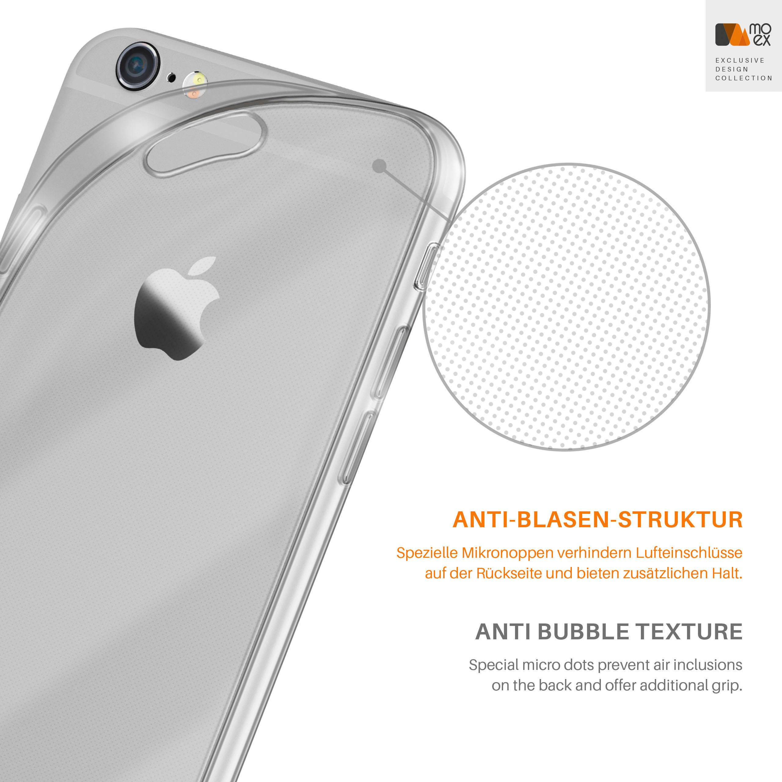 Transparente Handyhülle auf weißem Hintergrund, Nahaufnahme. Text lautet "ANTI-BLASEN-STRUKTUR" und "ANTI BUBBLE TEXTURE".