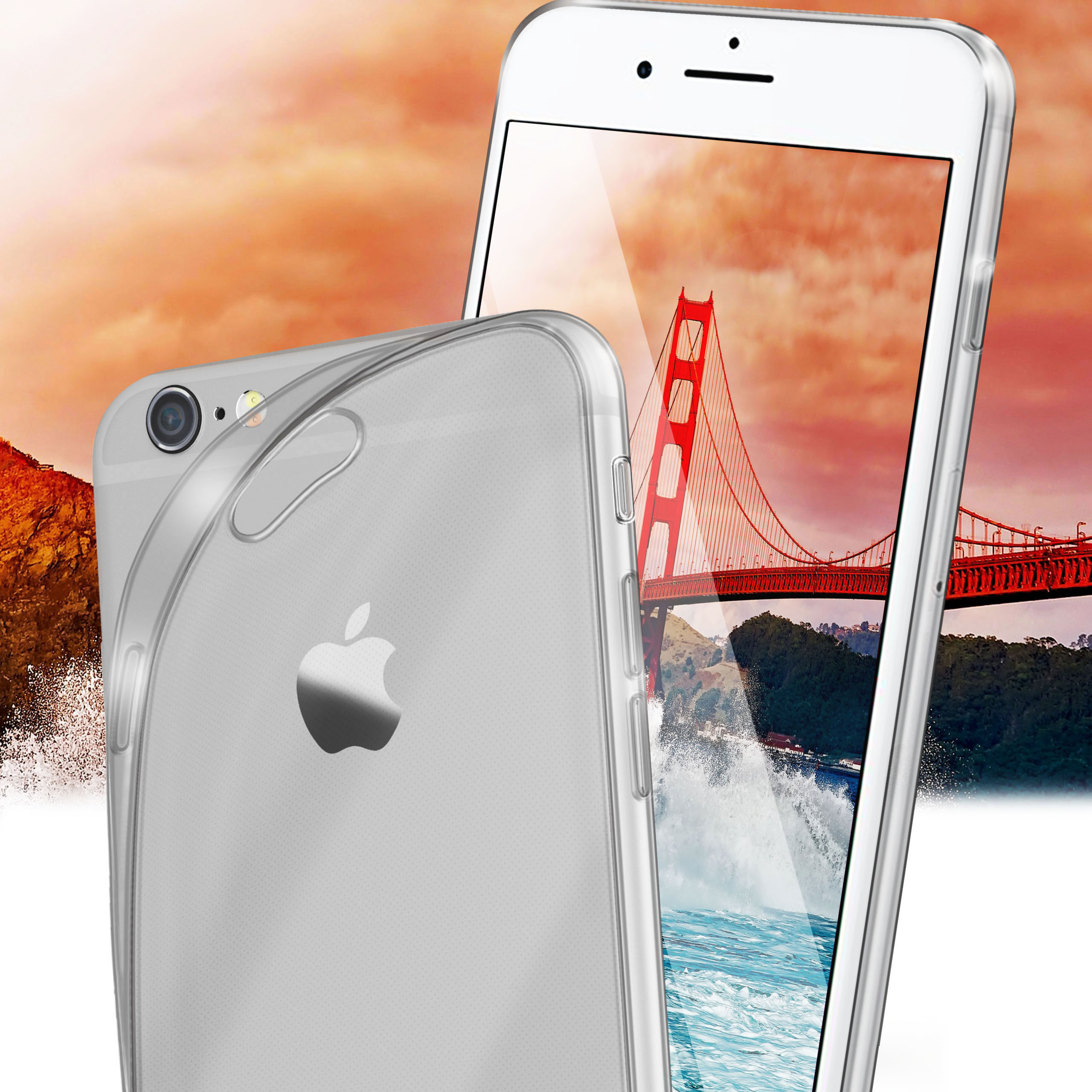 Ein Telefon in einer transparenten Hülle, mit der Golden Gate Bridge auf dem Bildschirm.