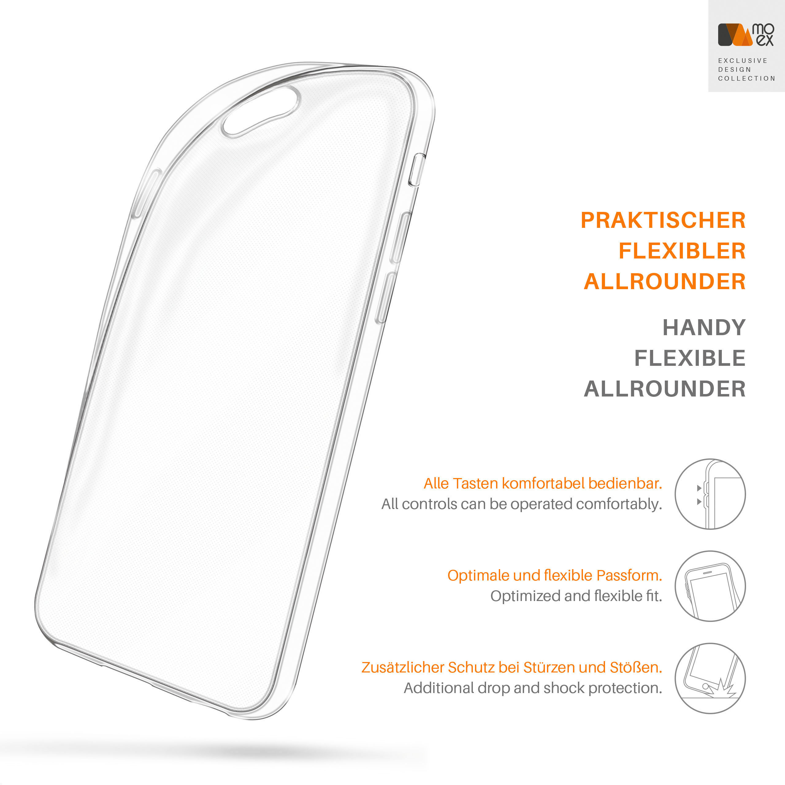 Transparente Handyhülle auf weißem Hintergrund. Text lautet "PRAKTISCHER FLEXIBLER ALLROUNDER" und "HANDY FLEXIBLE ALLROUNDER".