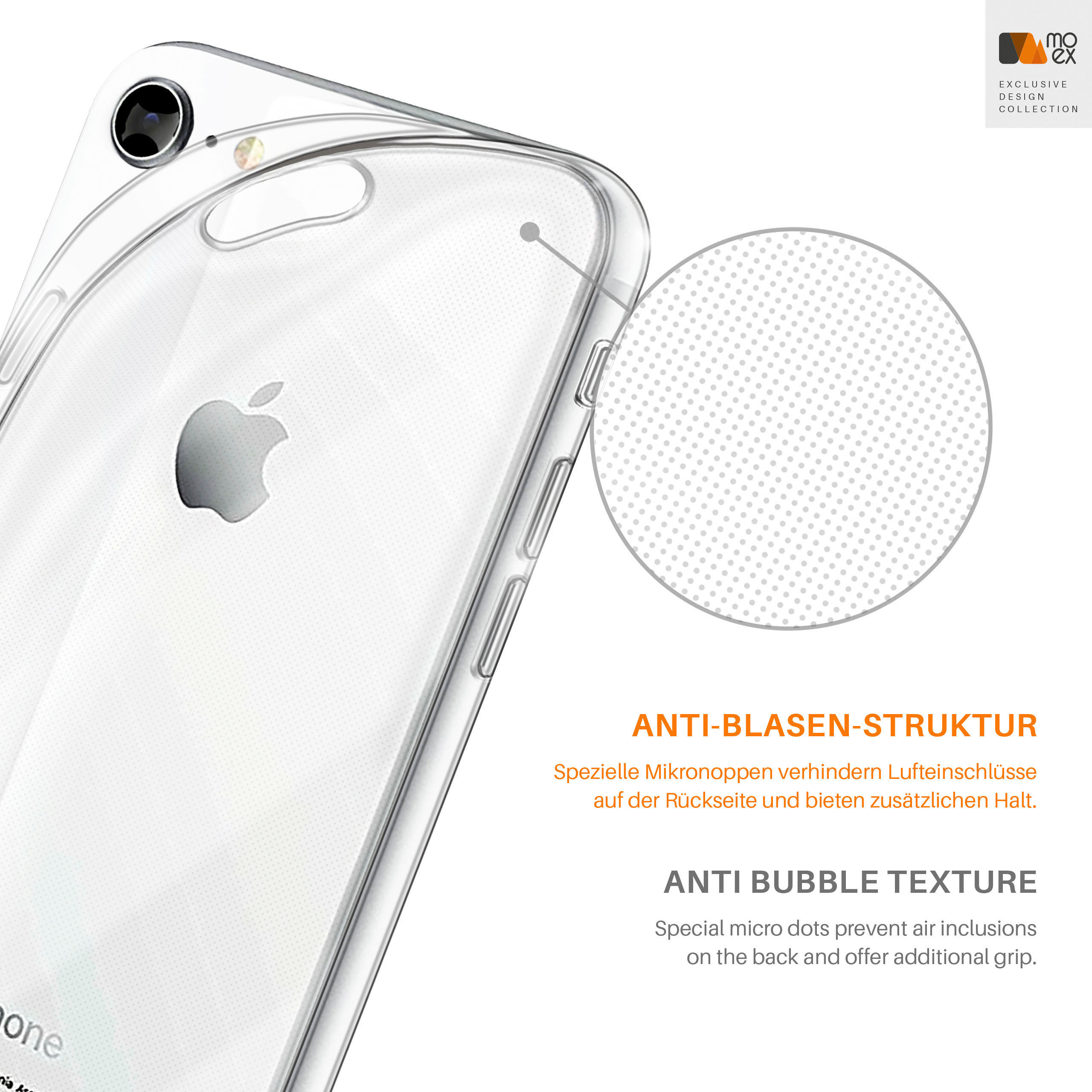 Eine transparente iPhone-Hülle mit einem weißen Telefon. Die Hülle hat eine Mikro-Punkt-Struktur.