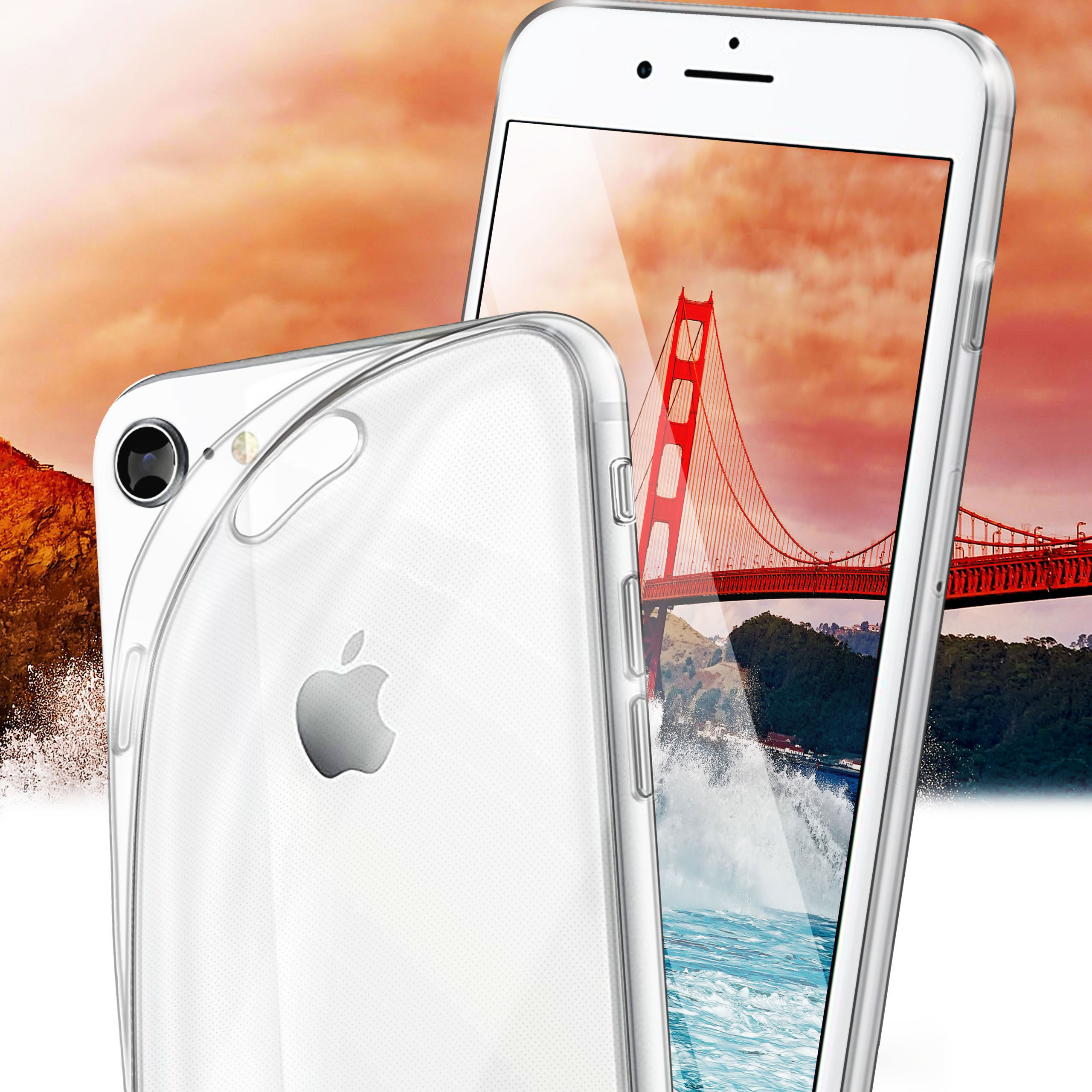 Transparente iPhone-Hülle mit Hintergrund der Golden Gate Bridge und bewölktem Himmel.
