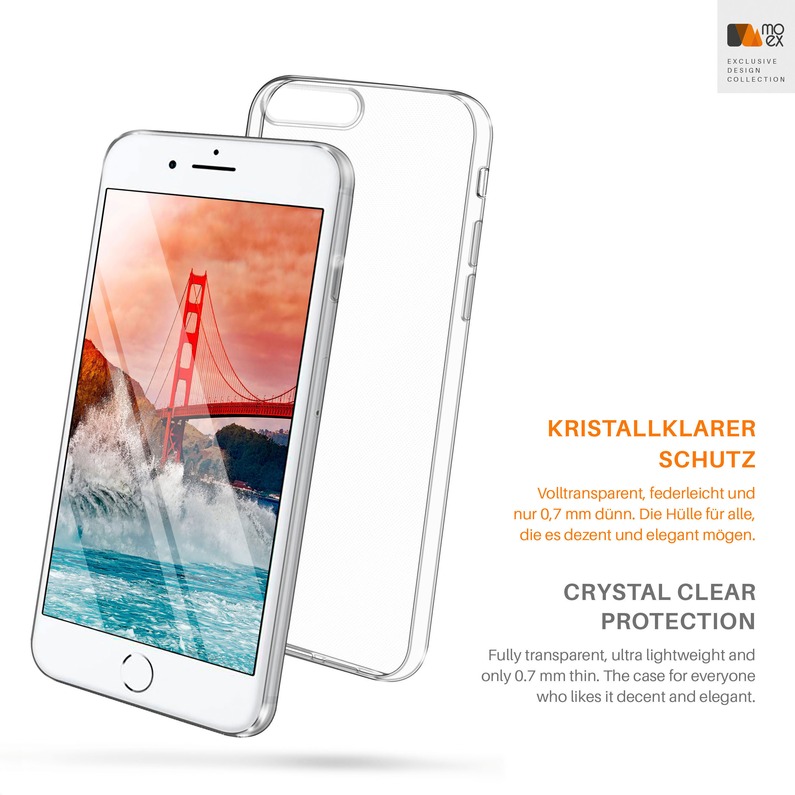 Transparente Handyhülle und Telefon mit Golden Gate Bridge, weißer Hintergrund.