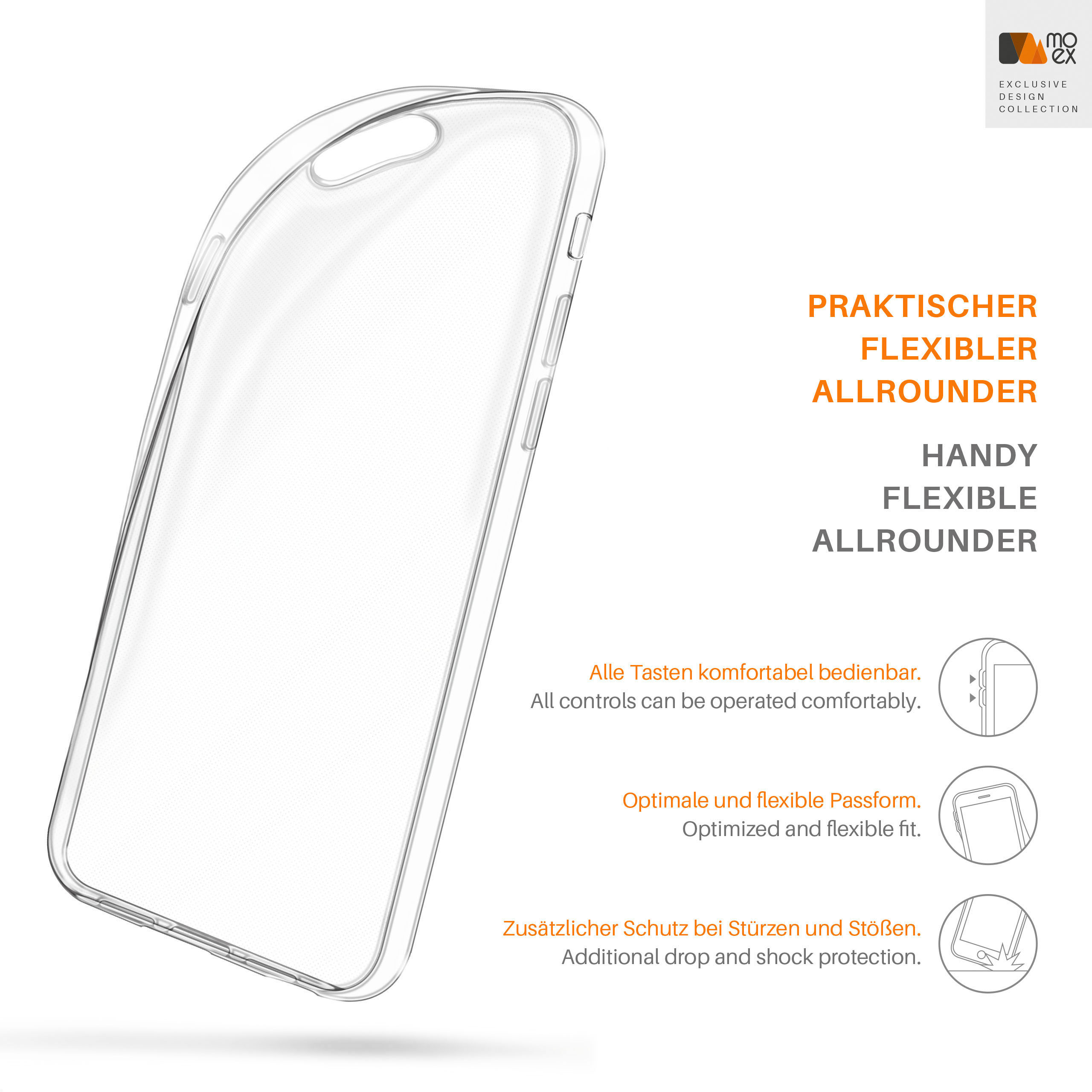 Transparente Handyhülle mit Text und Logo auf weißem Hintergrund.
