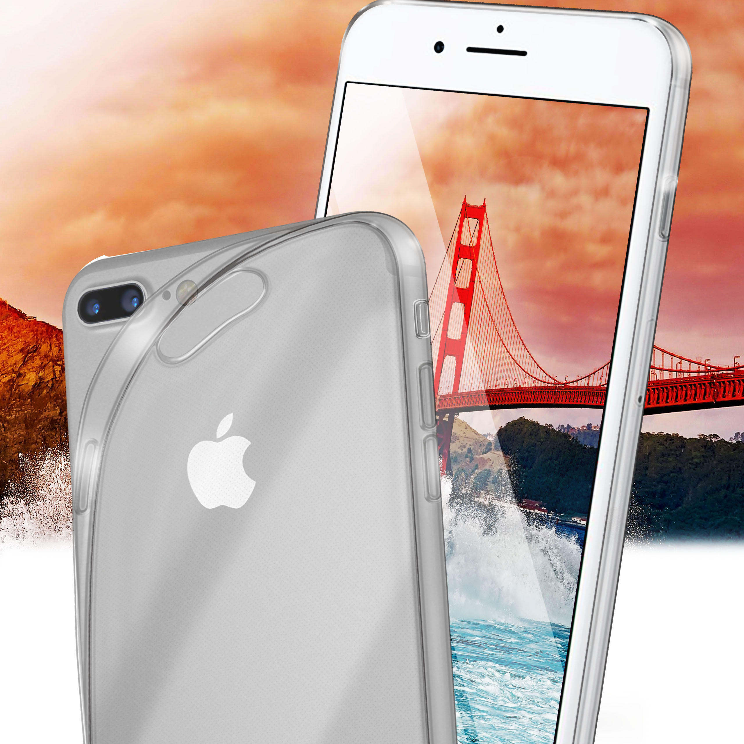 Ein Telefon in einer durchsichtigen Hülle mit Golden Gate Bridge-Bildschirm. Sonnenuntergang Hintergrund.
