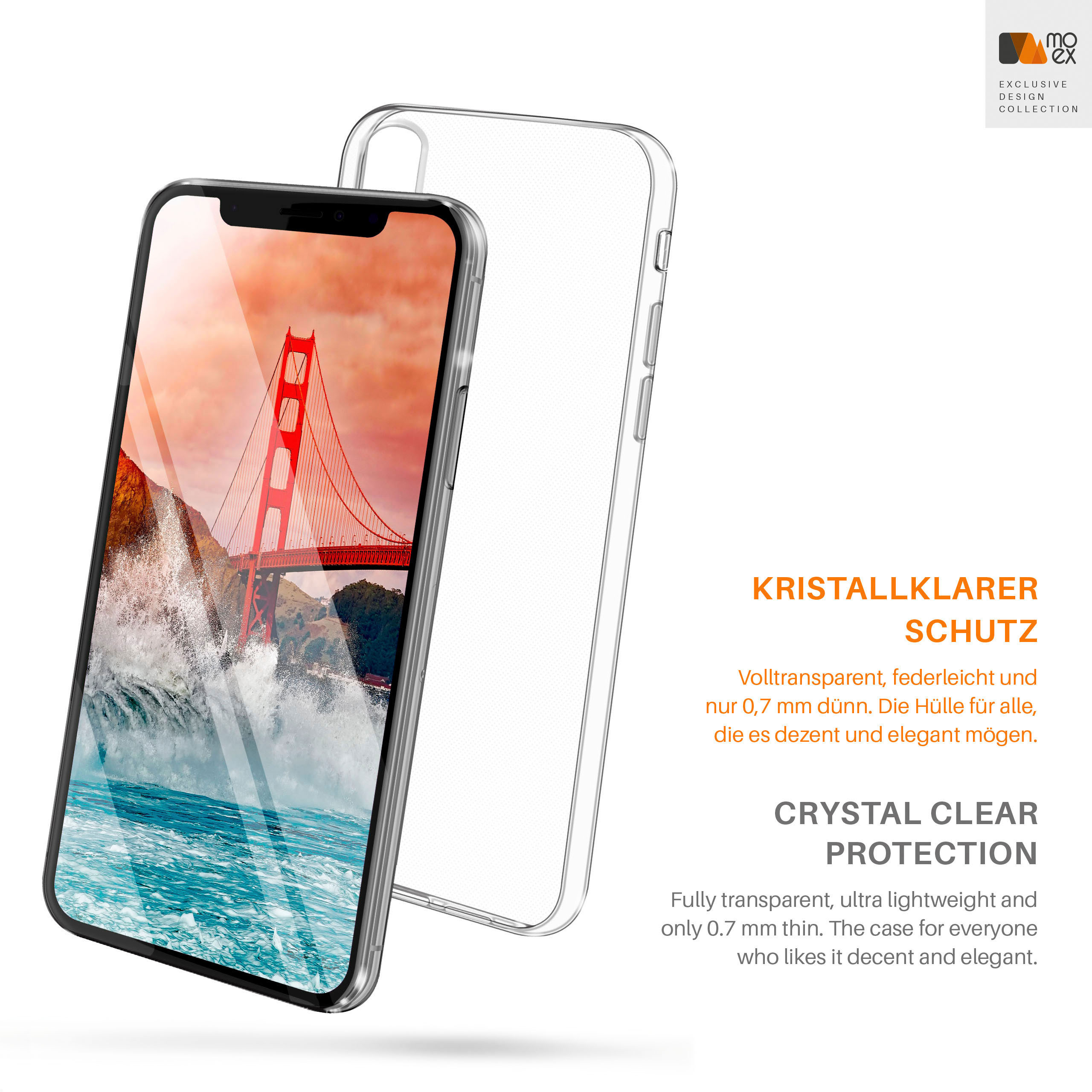 Telefon in einer transparenten Hülle, die eine Brückenszene zeigt. Text darunter über Schutz.