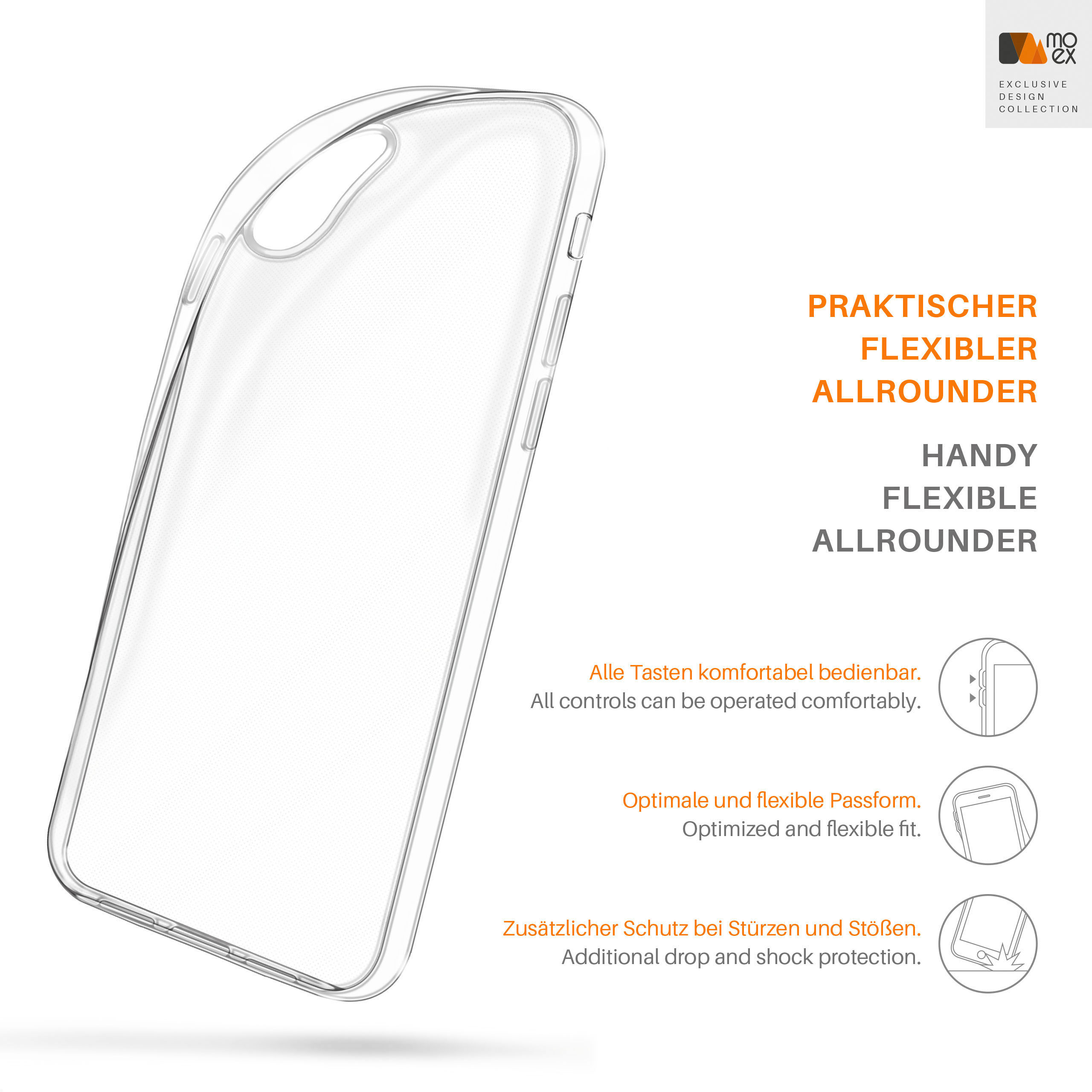 Transparente Handyhülle mit Textlabels, auf weißem Hintergrund.