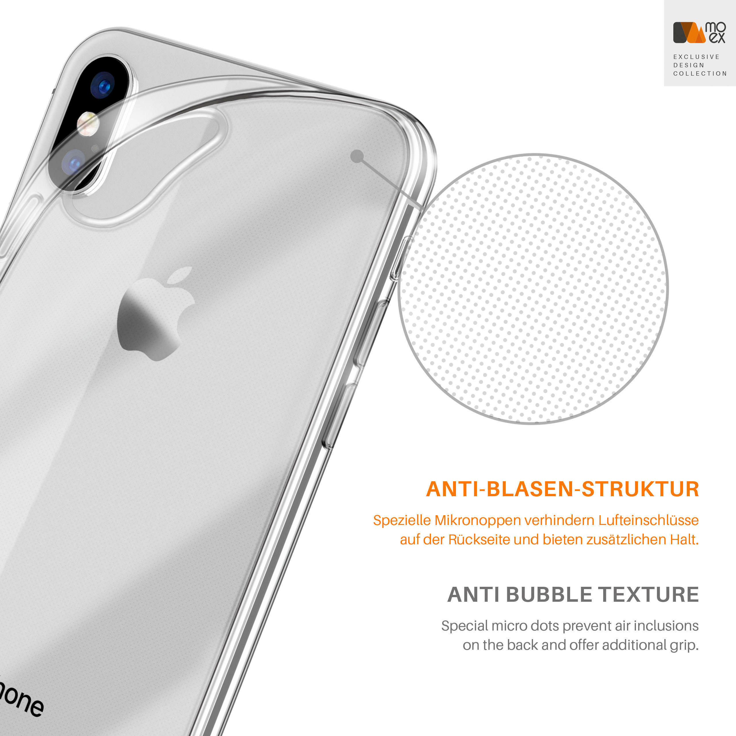 Transparente Handyhülle auf einem iPhone. Die Hülle ist durchsichtig. Mikro-Punkte verhindern Luftblasen.