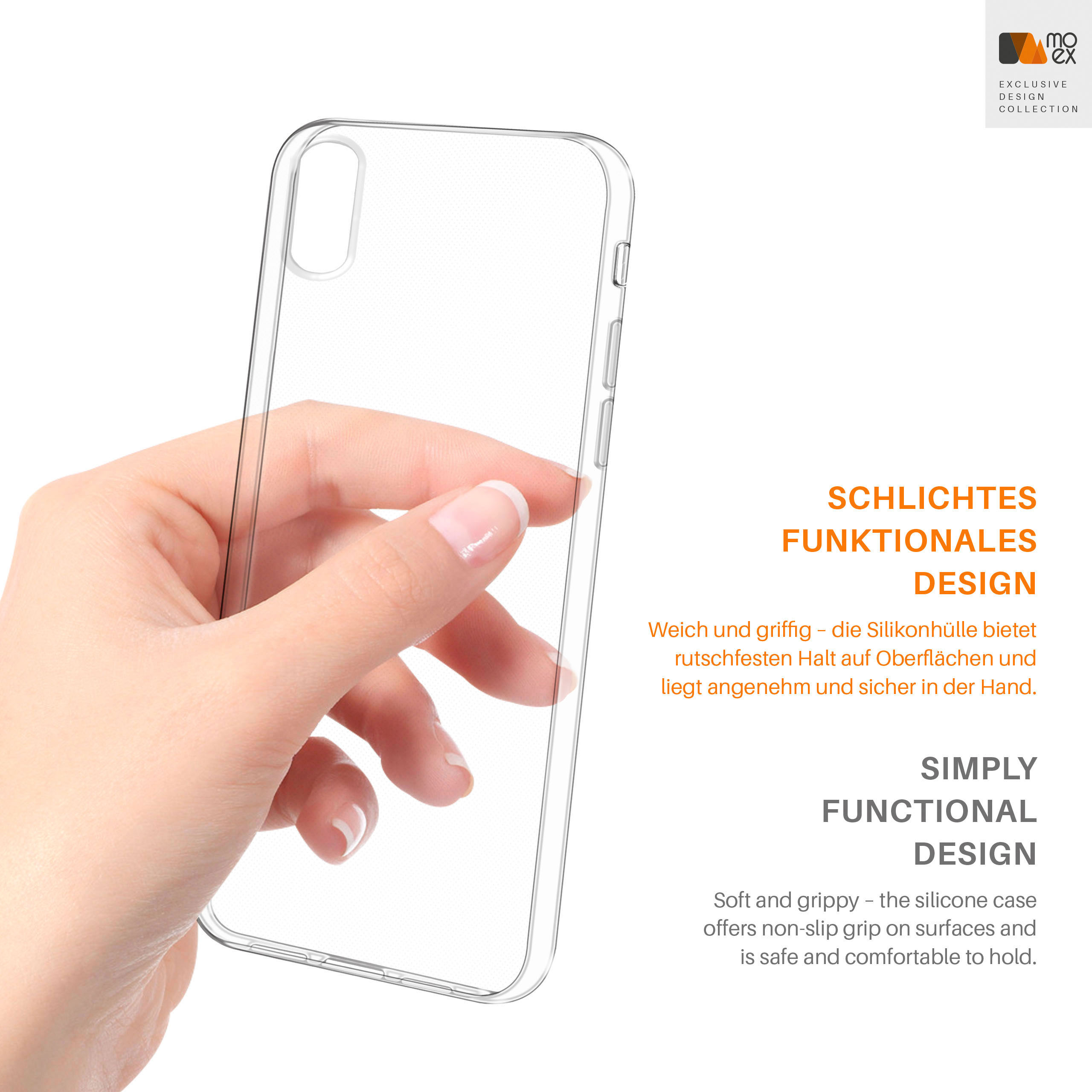 Eine Hand, die eine transparente Handyhülle hält, mit Text, der ein einfaches, funktionales Design beschreibt.
