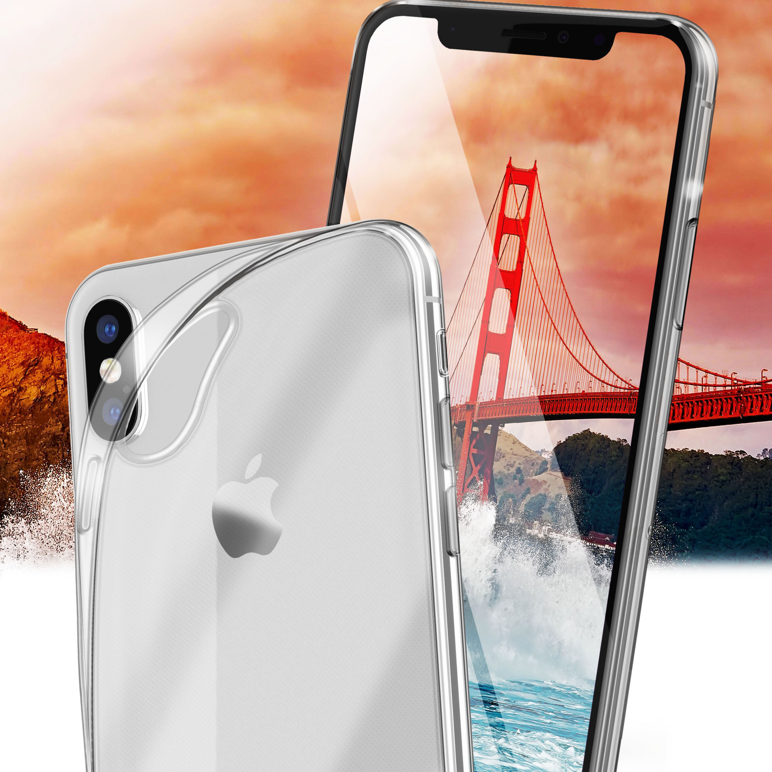 Ein Telefon mit klarer Hülle, das die Golden Gate Bridge in San Francisco mit orangefarbenem Himmel zeigt.