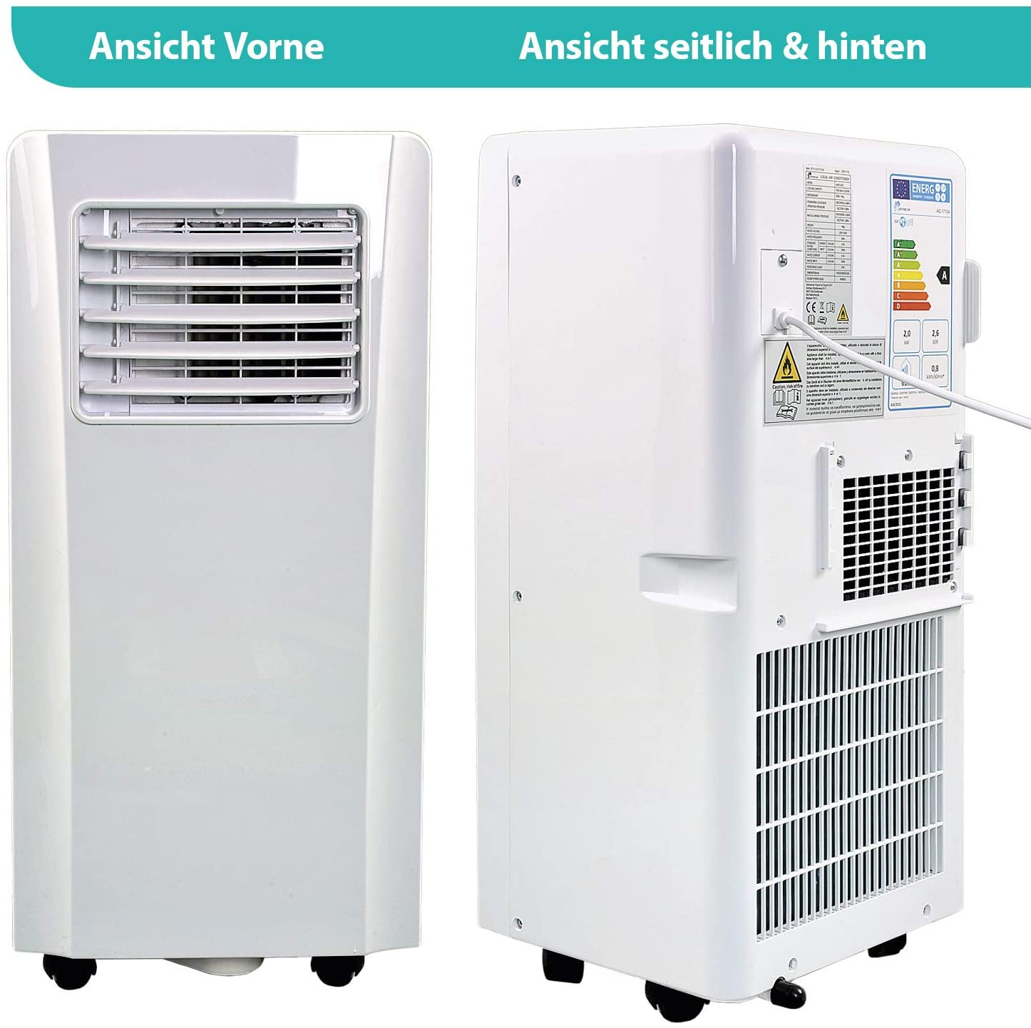 Weißes tragbares Klimagerät. Vorder- und Seitenansicht. Weißer Hintergrund.