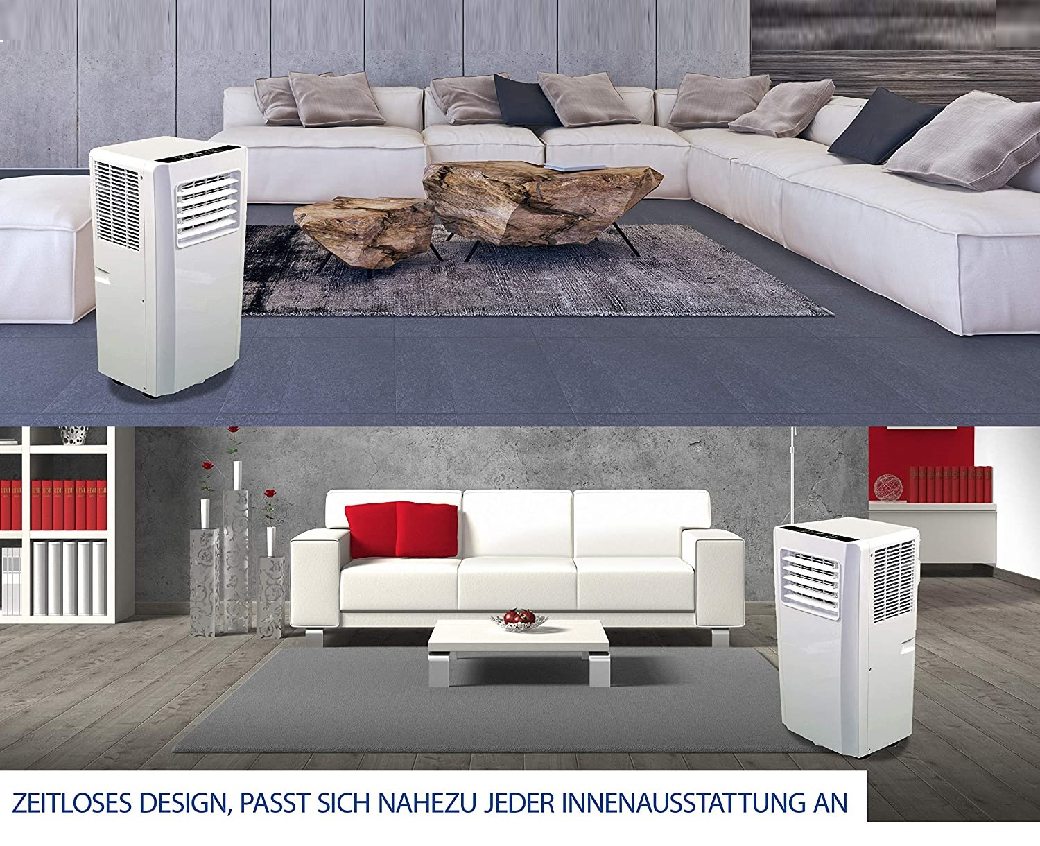 Eine weiße Klimaanlage in einem Wohnzimmer mit Sofa, Tisch und Teppich.