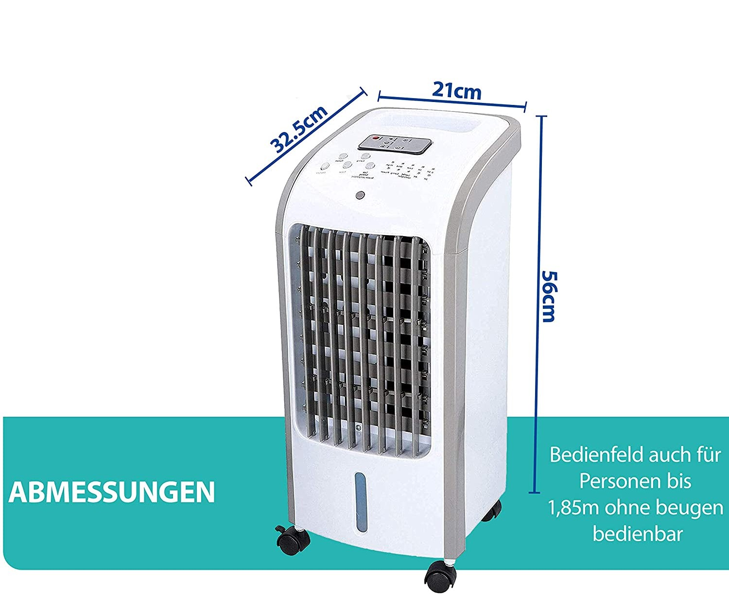 Weiß-grauer Luftkühler mit Maßangaben. Er hat ein Bedienfeld oben und Räder.