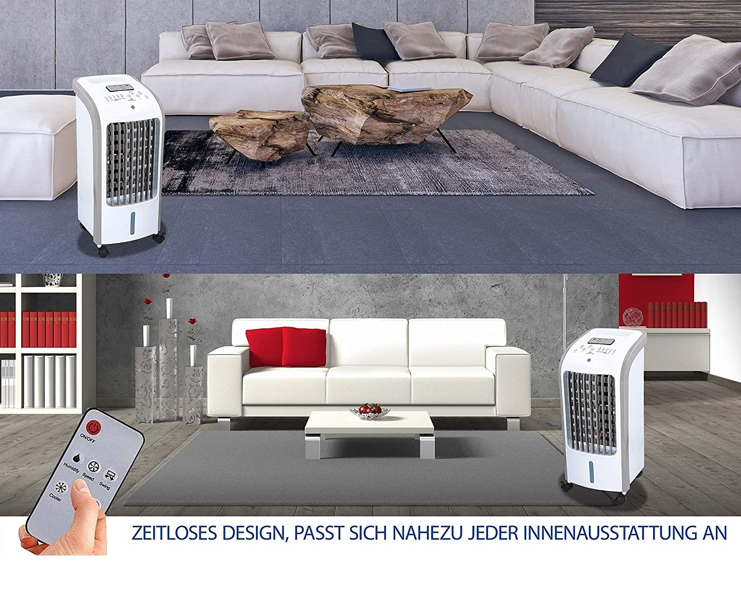 Zwei Bilder zeigen einen weißen Luftkühler in einem modernen Wohnzimmer. Text unten.