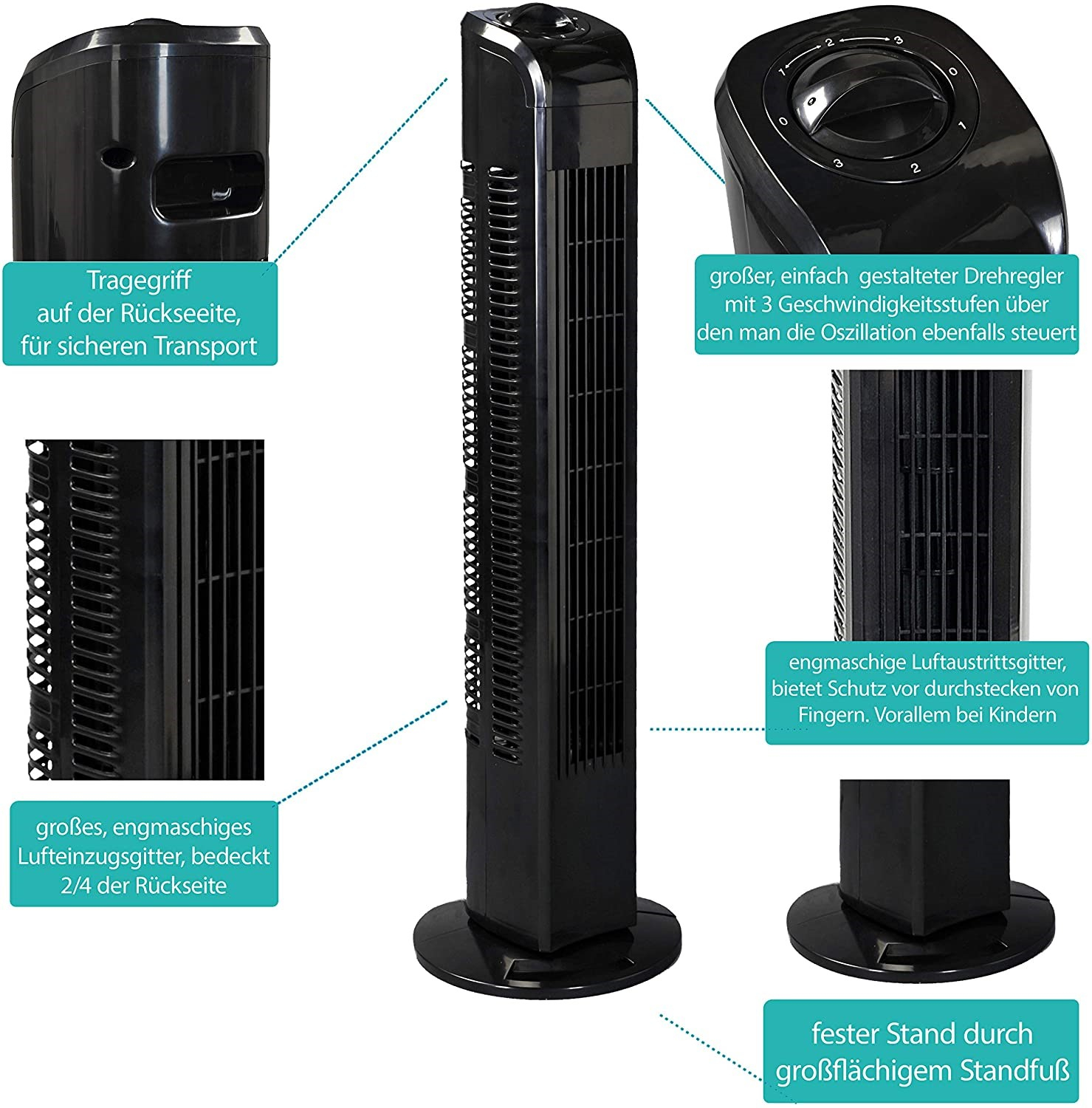 Schwarzer Turmventilator mit Etiketten, die Merkmale wie Griff und Bedienelemente anzeigen.