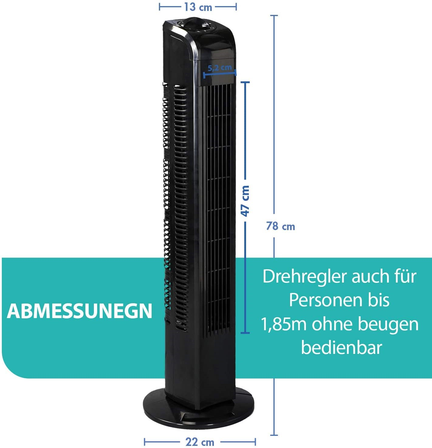 Hoher, schwarzer Turmventilator. Abmessungen sind angegeben. Runde Basis.