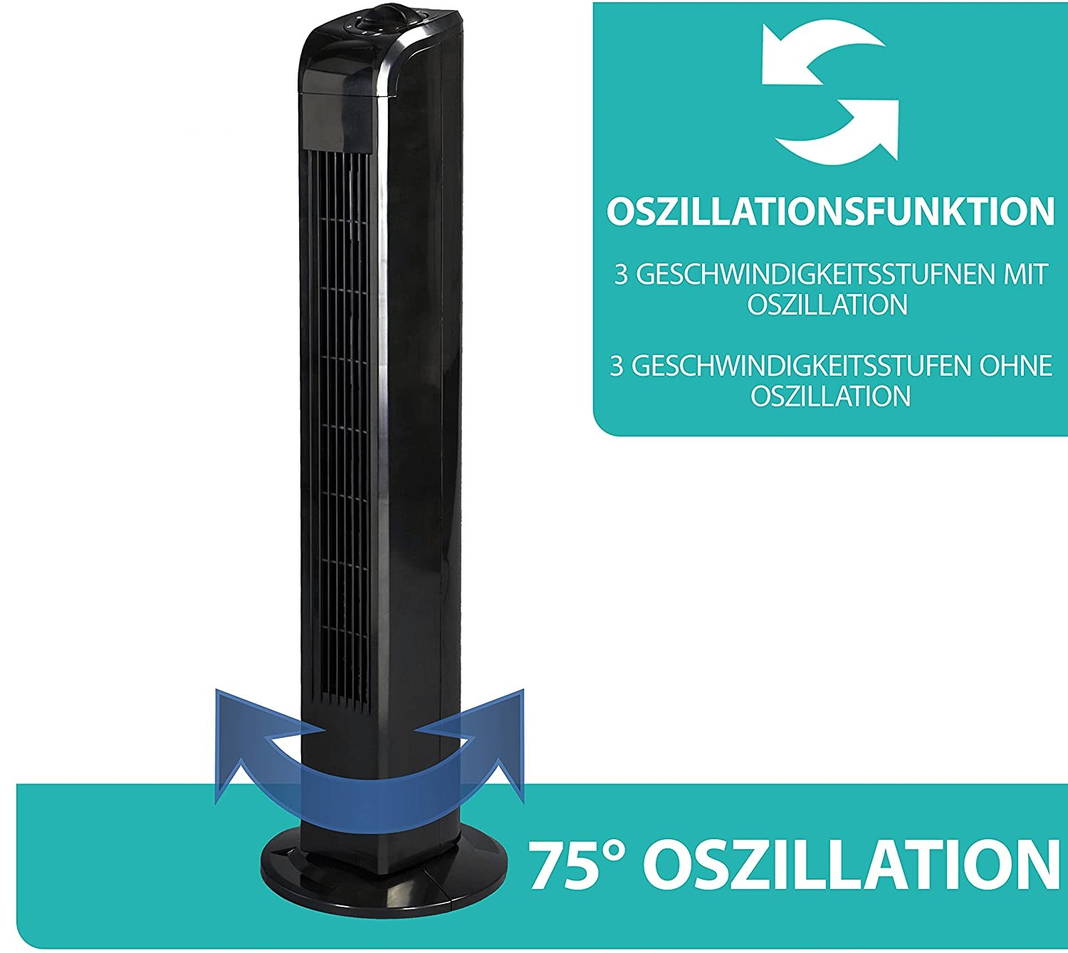 Schwarzer Turmventilator mit Bedienfeld. Text zeigt Oszillation und Geschwindigkeit.