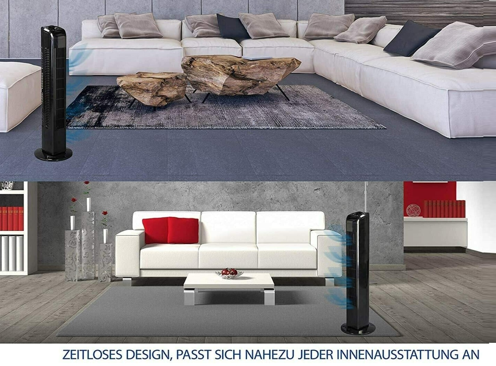 Zwei Bilder. Oben: Wohnzimmer mit Ventilator. Unten: ähnlicher Raum mit Ventilator.